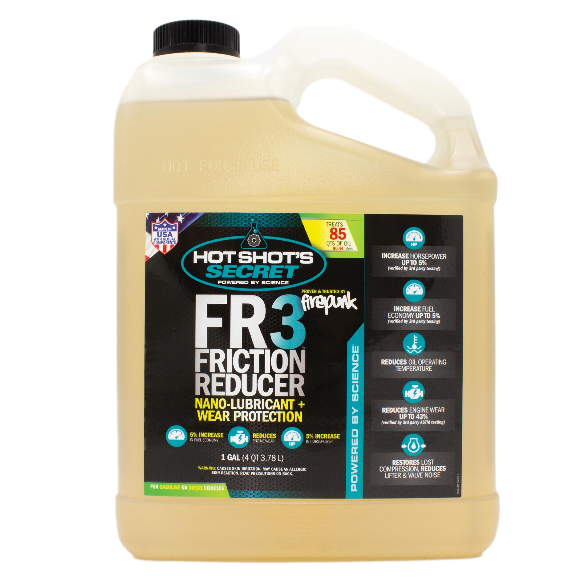 Friction Reducer Hot Shot's Secret FR3 1 Gallon Synthetic Oil Additive Protects Engine & Improves Performance, Friction Modifier for Gas & Diesel Engines Increases Fuel Economy HSSFR332Z