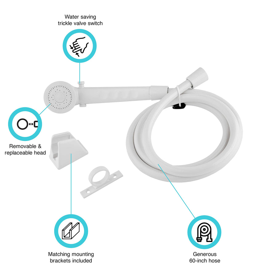 Dura Faucet RV Economical Shower Head DF-SA130-WT and 60 inch Hose Kit, Water Saving Trickle Switch (White)