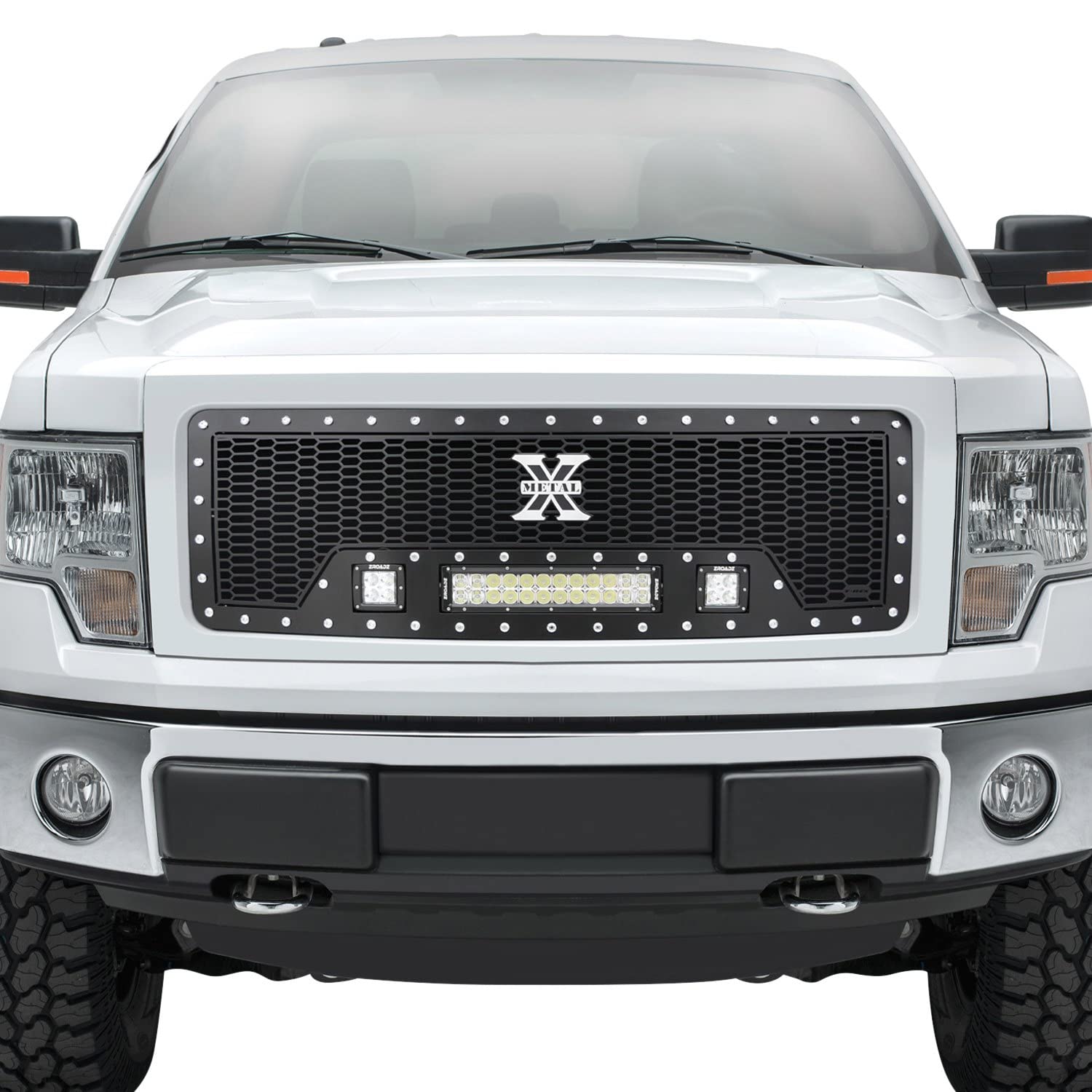 Laser Torch Grille Compatible with F-150 (2009-2012), Black, 1 Pc, Insert, Chrome Studs with (2) 3" LED Cubes and (1) 12" LEDs - PN #7315681