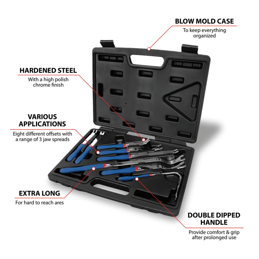 8-Piece Performance Tool W86568 Trim Clip Lifting Tool Set, Eight Different Offsets, Three Different Jaw Spreads, Comfort Handles, 3 Extra Long Trim Tools, 5 Standard, Full Steel, Forked Tip