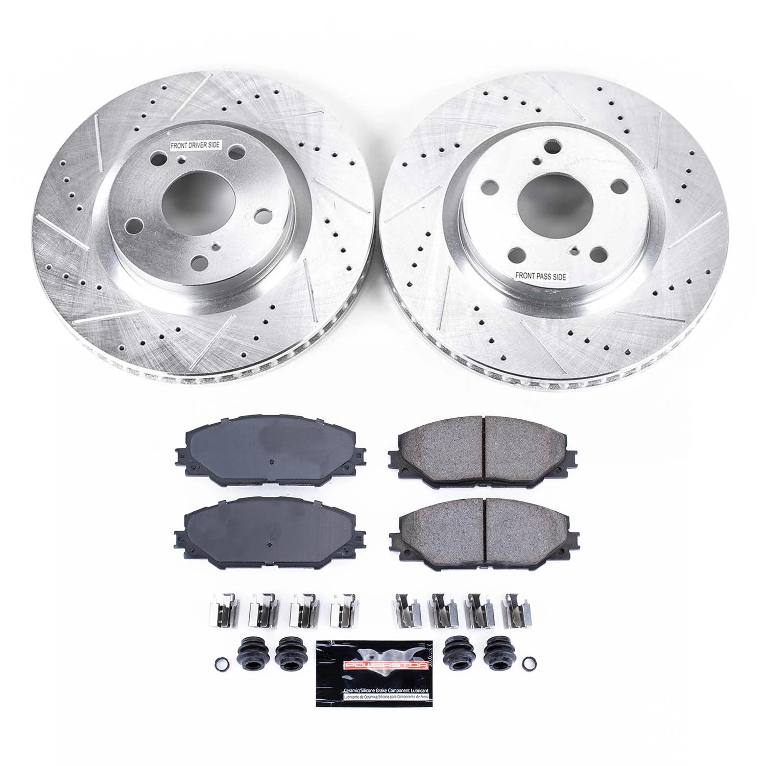 Power Stop K3054 Brake Pads Front Z23 Carbon Fiber with Drilled and Slotted Brake Rotors Kit For Pontiac Vibe Scion tC Toyota Matrix Rav4