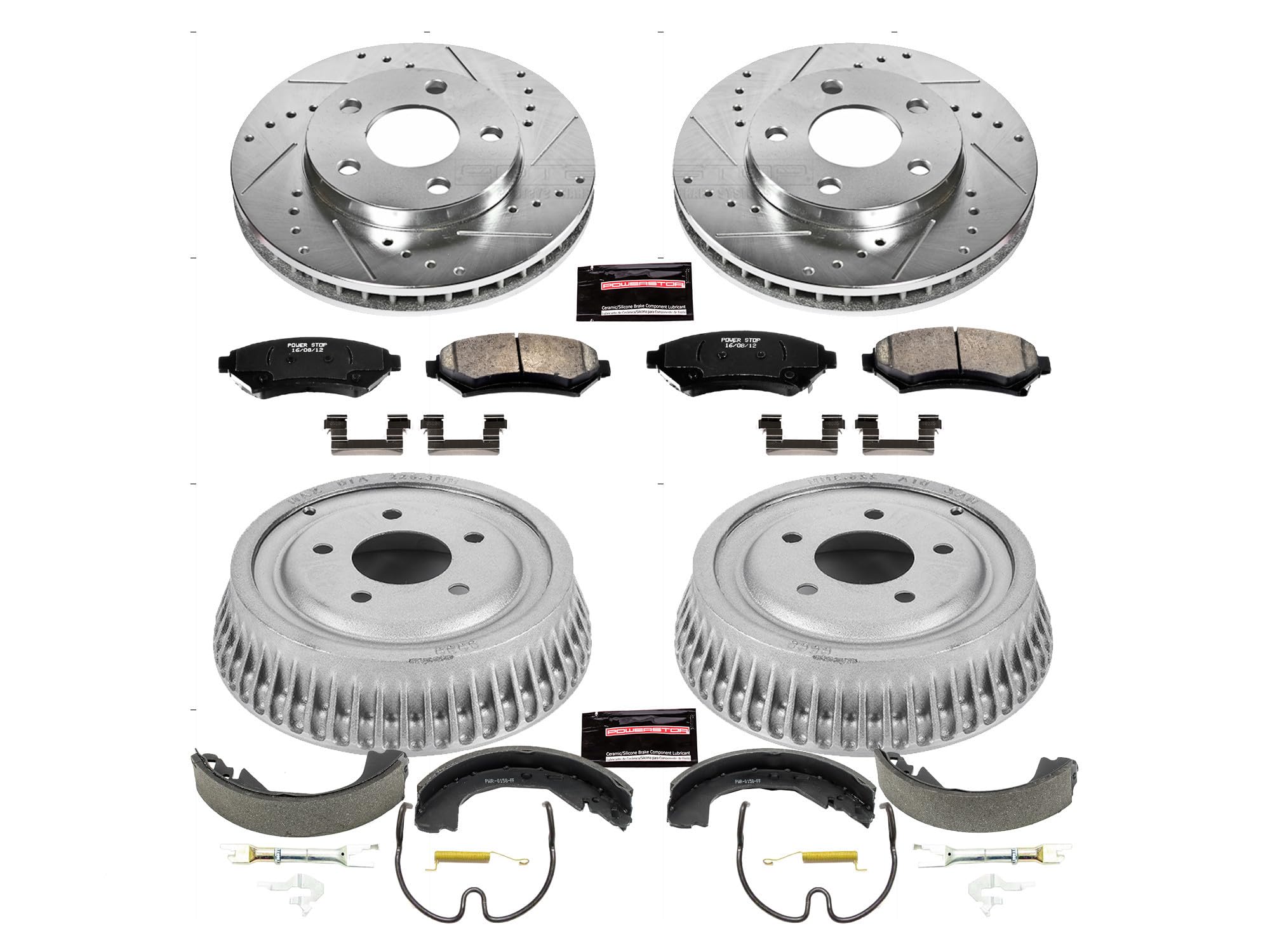 Power Stop K15120DK Z23 Carbon Fiber Brake Pads Front and Rear with Drilled & Slotted Brake Drums Kit For Century, Venture, Olds Silhouette, Pontiac Montana, Pontiac Trans Sport [Model Specific]