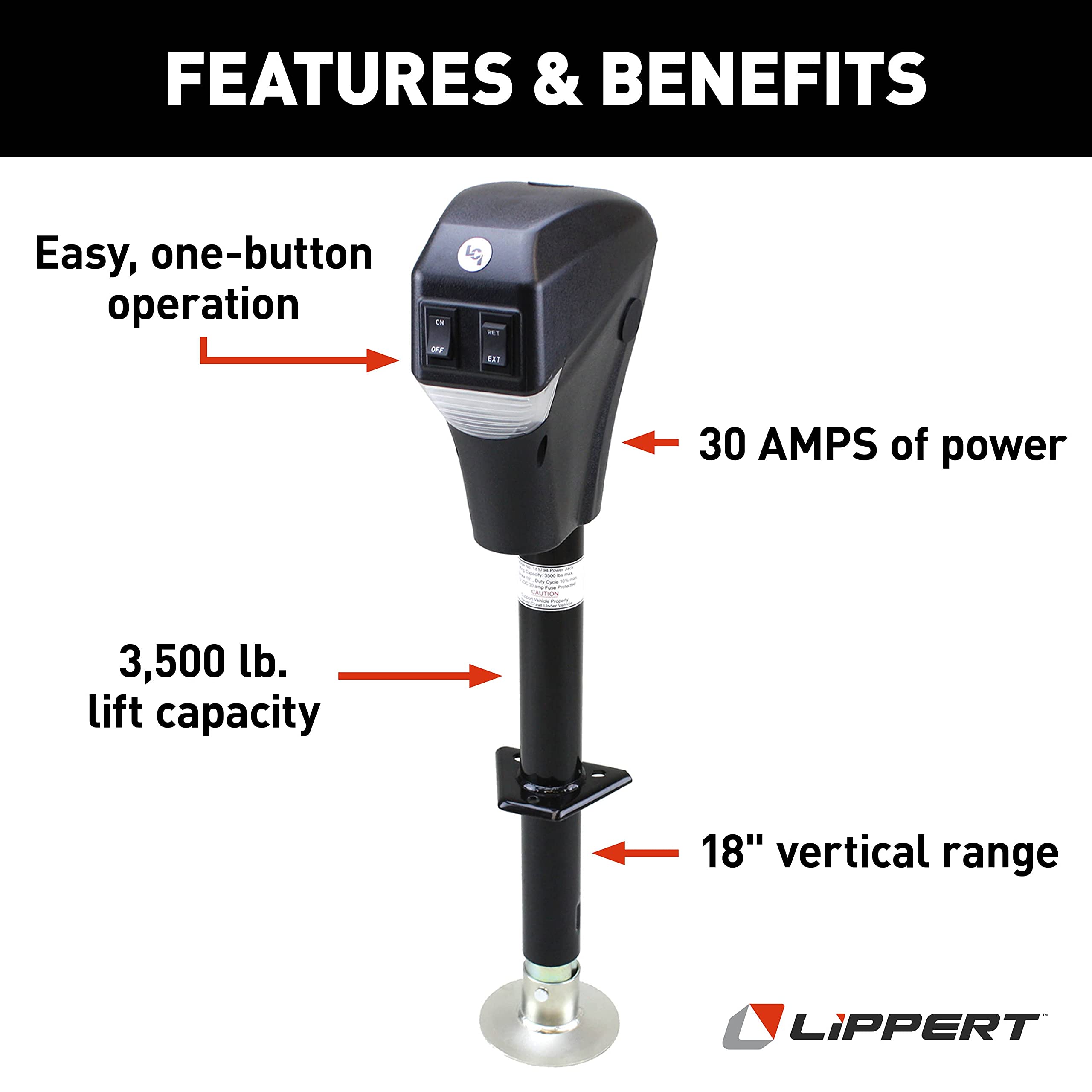 Power Tongue Jack Lippert Electric Trailer A-Frame, 3,500 lbs. 18-Inch Stroke, 5.4-Inch Foot Pad, Durable Textured Casing, Emergency Manual Crank Override, 10.75" Retracted, 28.75" Extended - 285318
