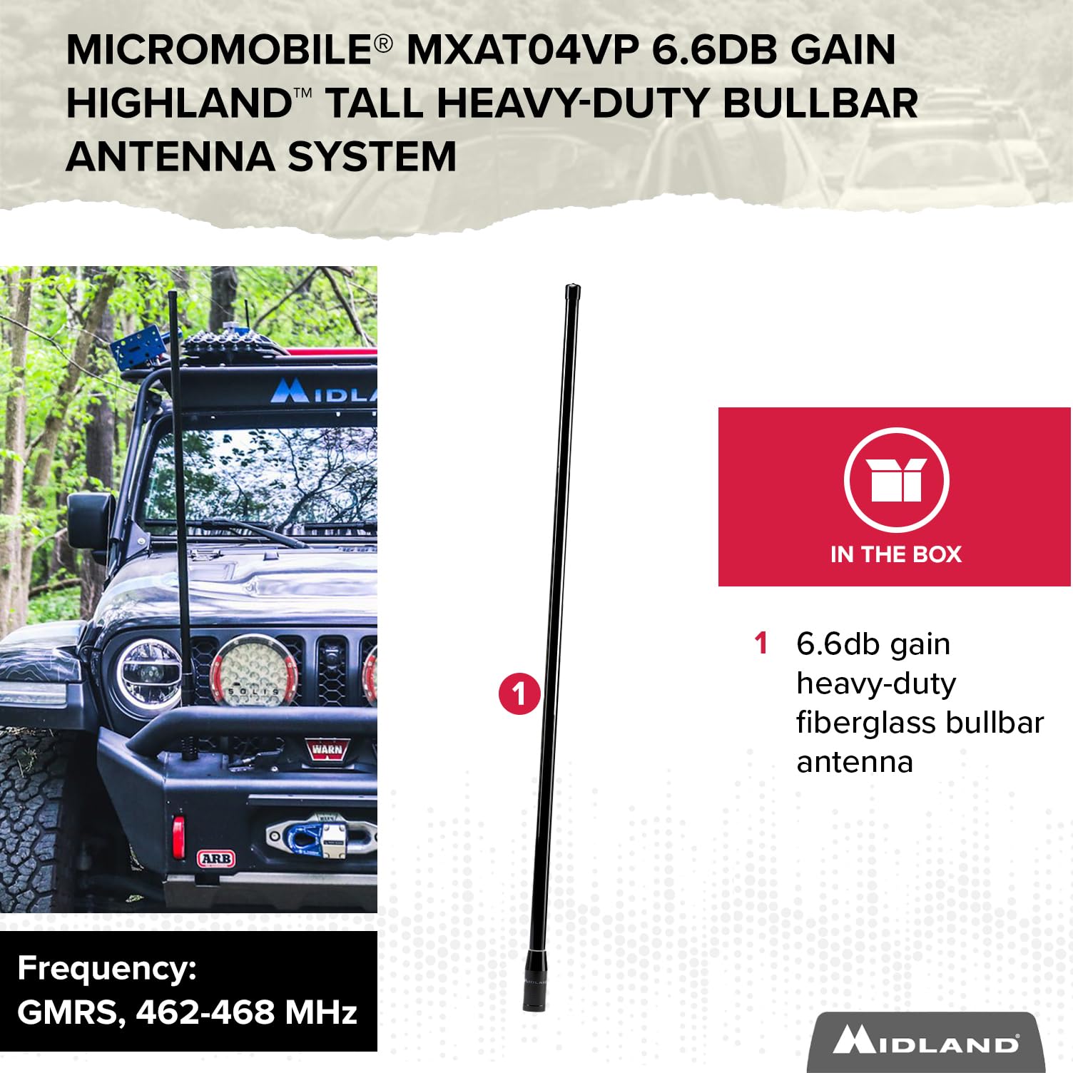 MXAT04-6.6dB Midland Heavy-Duty Bull Bar Antenna Micromobile - 47.5” with 462-468 MHz Frequency - Long Range GMRS Communication - Off-Roading Overlanding - Easy to Install