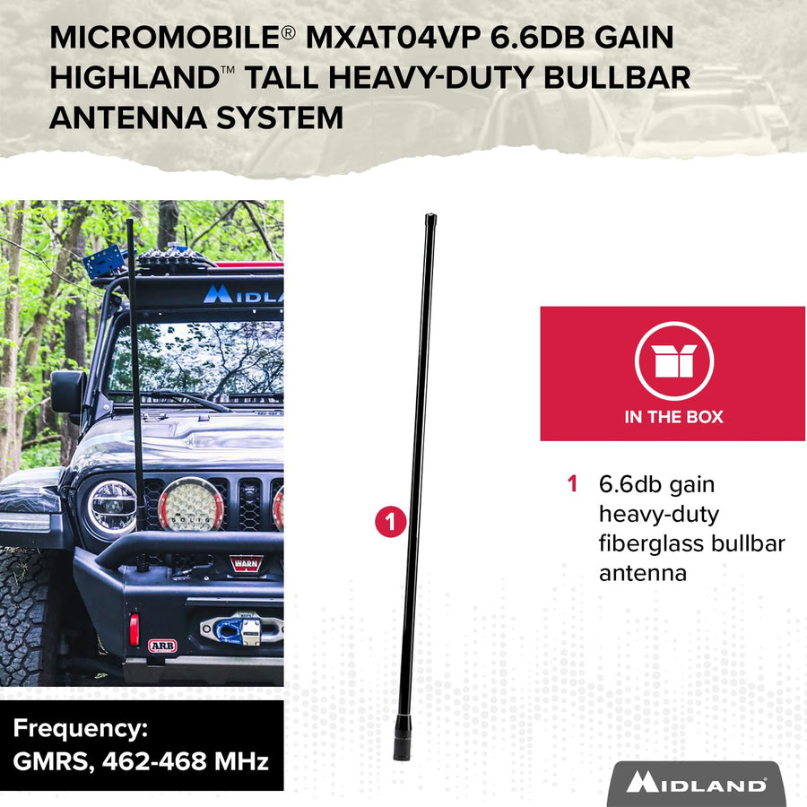 MXAT04-6.6dB Midland Heavy-Duty Bull Bar Antenna Micromobile - 47.5” with 462-468 MHz Frequency - Long Range GMRS Communication - Off-Roading Overlanding - Easy to Install