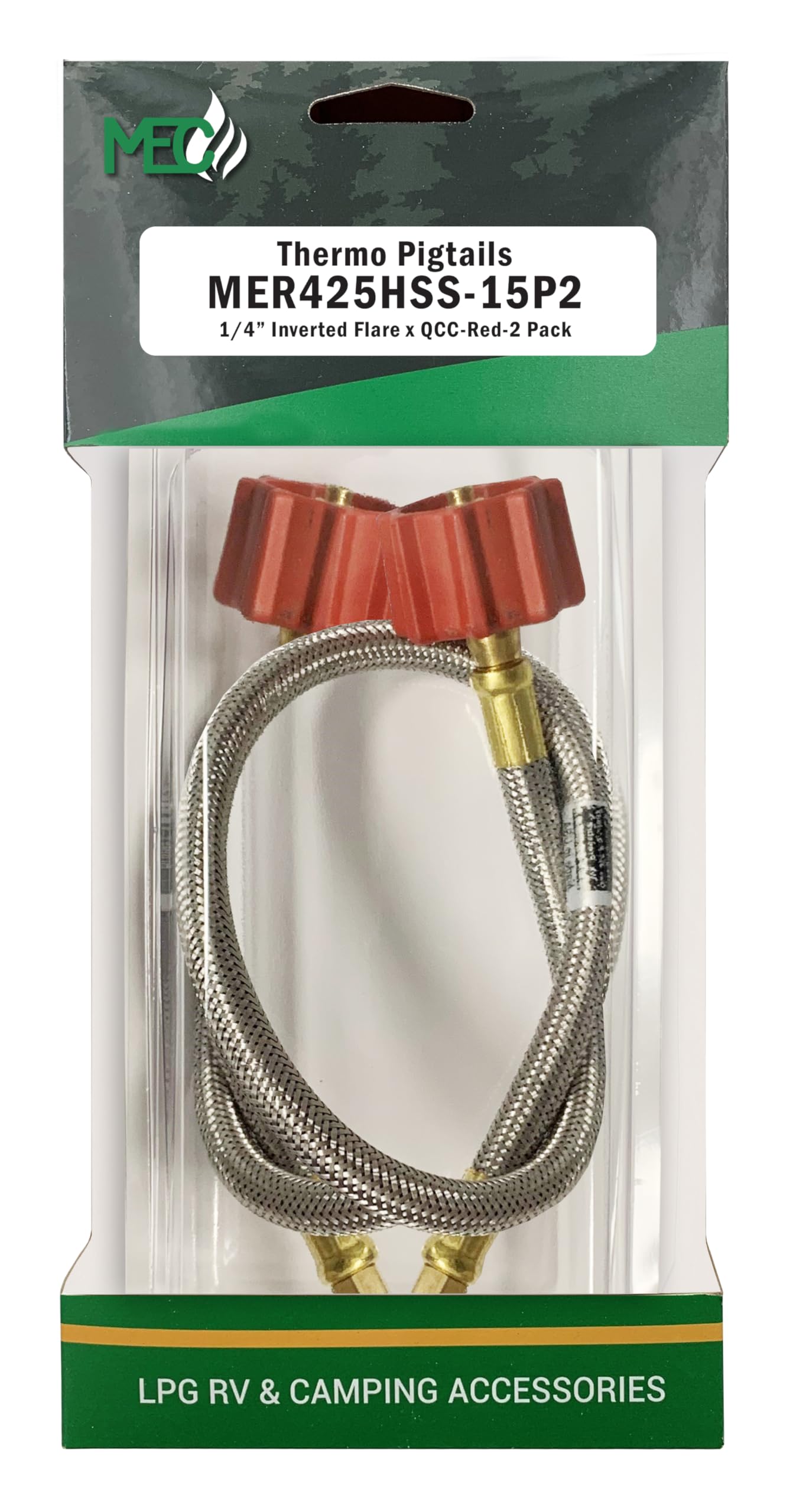 Marshall Excelsior MER425HSS-15P2 Thermo High Capacity Pigtail, 1/4" Inverted Flare X QCC with Braided Stainless Steel Hose - 15", Red, Pack of 2
