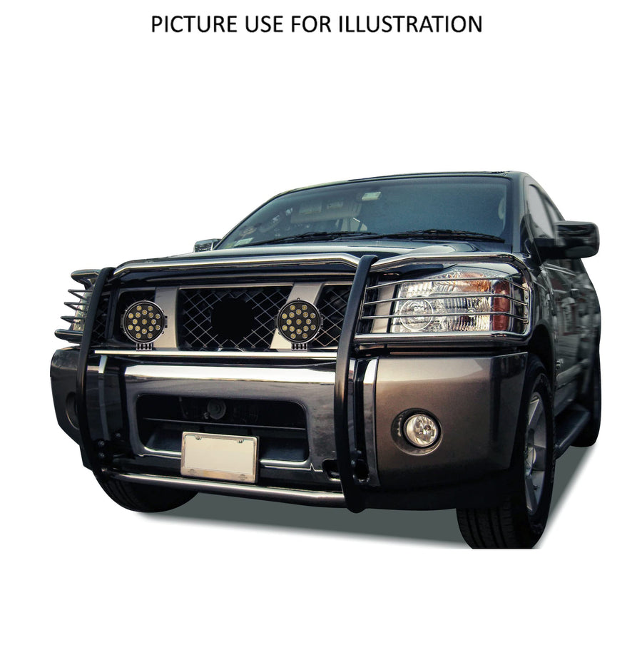 Bumper Guard Black Horse Grille brush Modular Stainless Steel Come With pair of 7.0"LED Lights with Black Trim Rings Compatible with 2005-2015 Armada|2004-2015 Titan Crew Cab & King Cab-17NR26MSS-PLB