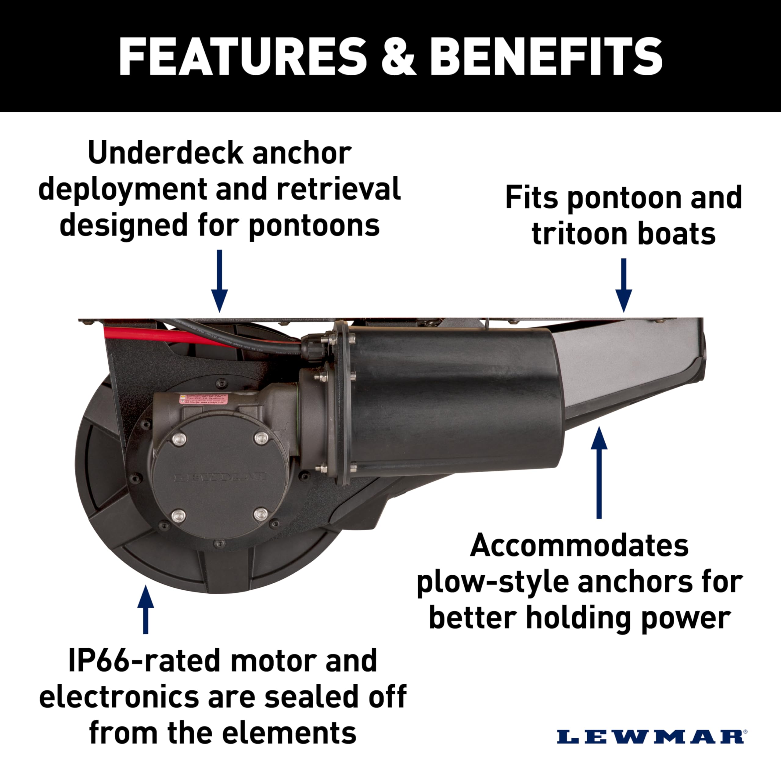 Lewmar Pontoon Anchor Winch Venta, 220 lb. Load Capacity, 92' 3-Strand Rope, 6' Setting Chain, IP66 Rated 400w Motor, Slackline Sensor Cut Off Switch, 88 lb. Ground Tackle, 12V Supply - 69001139
