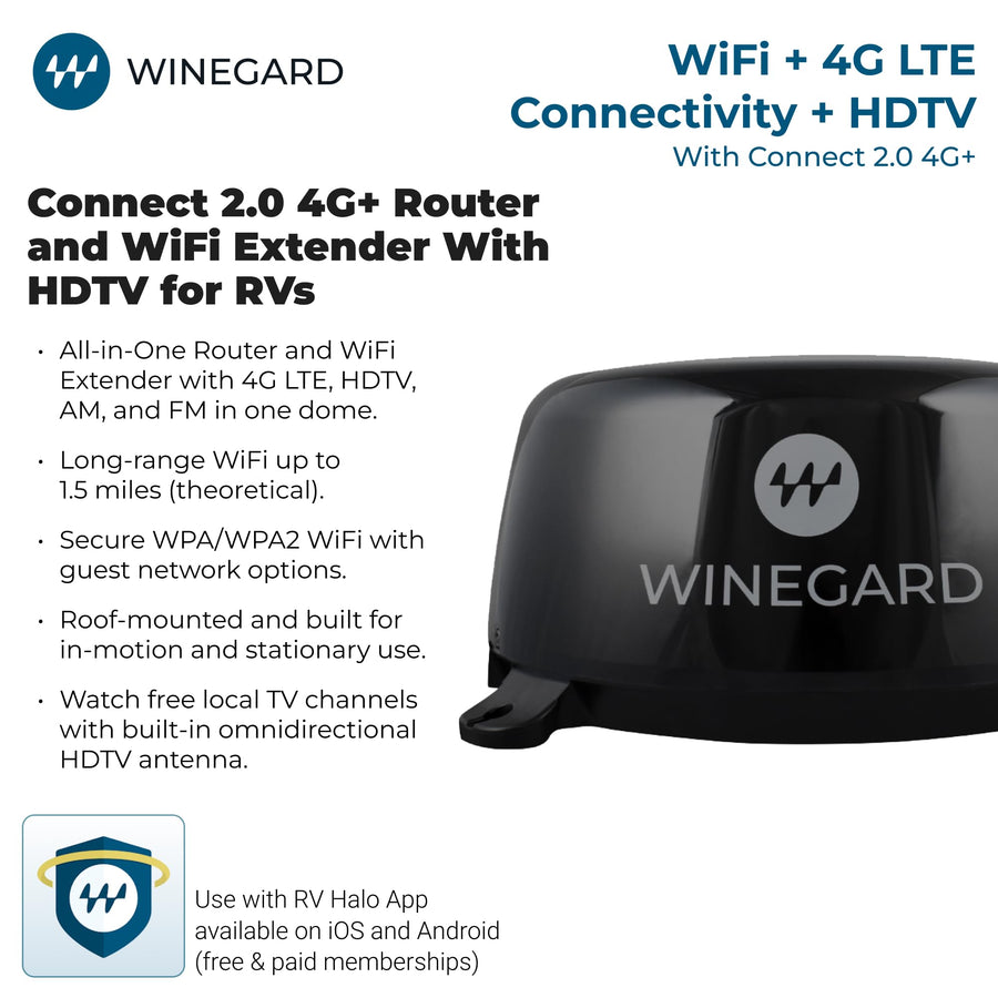 4G+ Winegard Connect 2.0 WF2-95B – Outdoor 4G LTE Router, Wi-Fi Booster & HDTV/AM-FM Antenna, Long-Range Wi-Fi