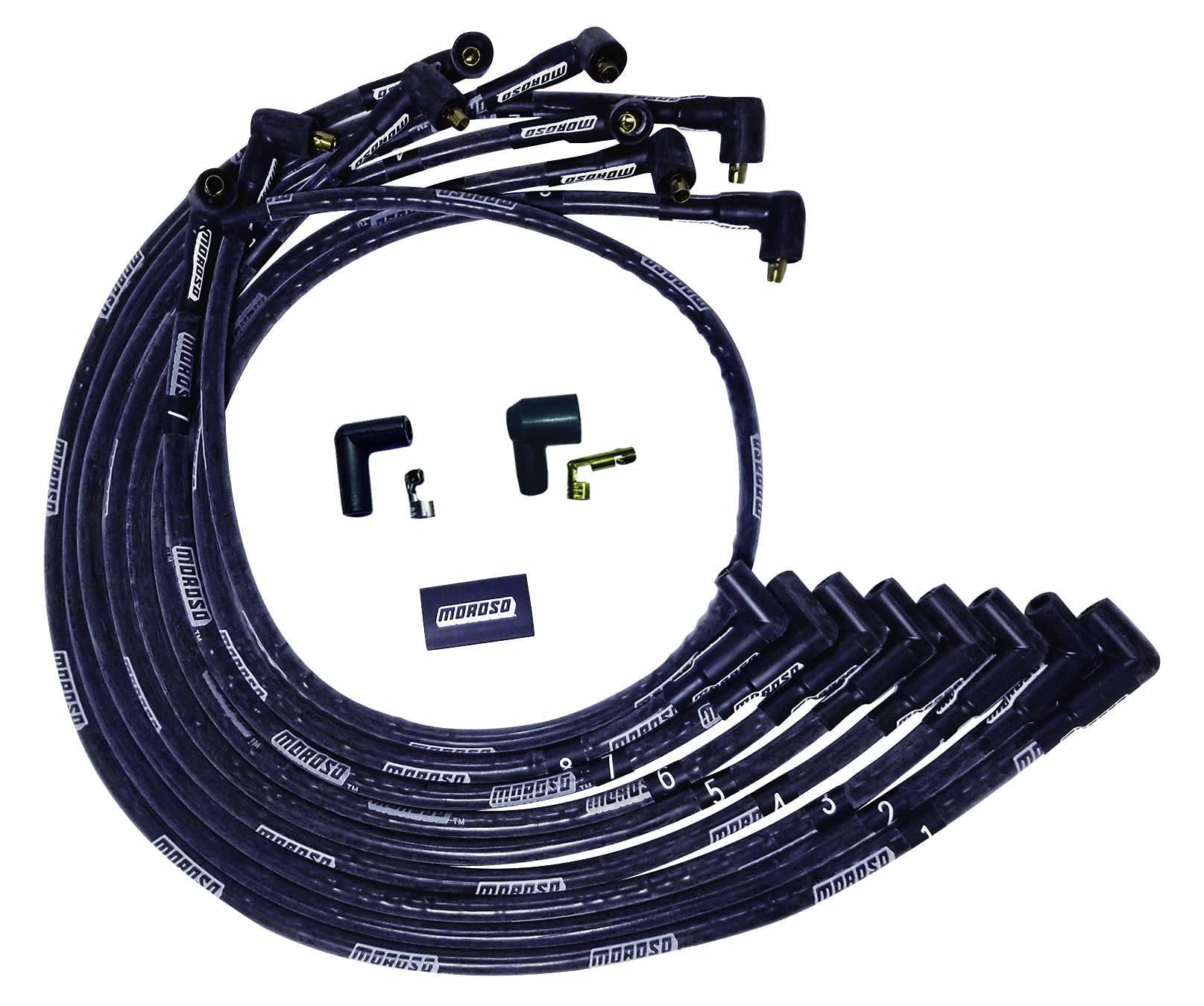 Moroso Ultra Series Black Sleeved Spark Plug Wires, Big Block Chevy, Under Header Routing, 90 Degree Plug Ends, Non HEI Distributor