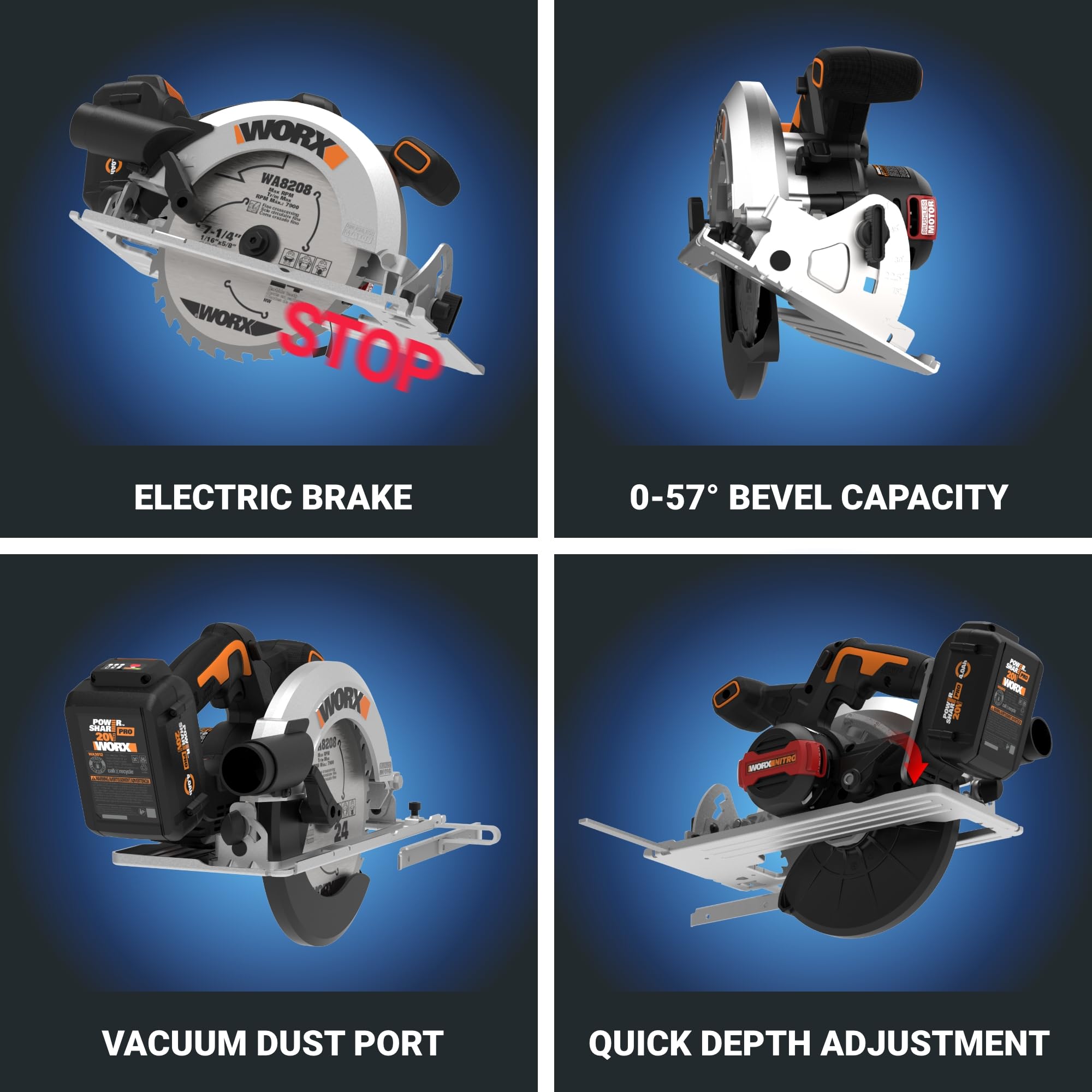 20V Worx Nitro Brushless Cordless Circular Saw, 7-1/4-Inch, Compact Circular Saw WX520L, Battery & Charger Included