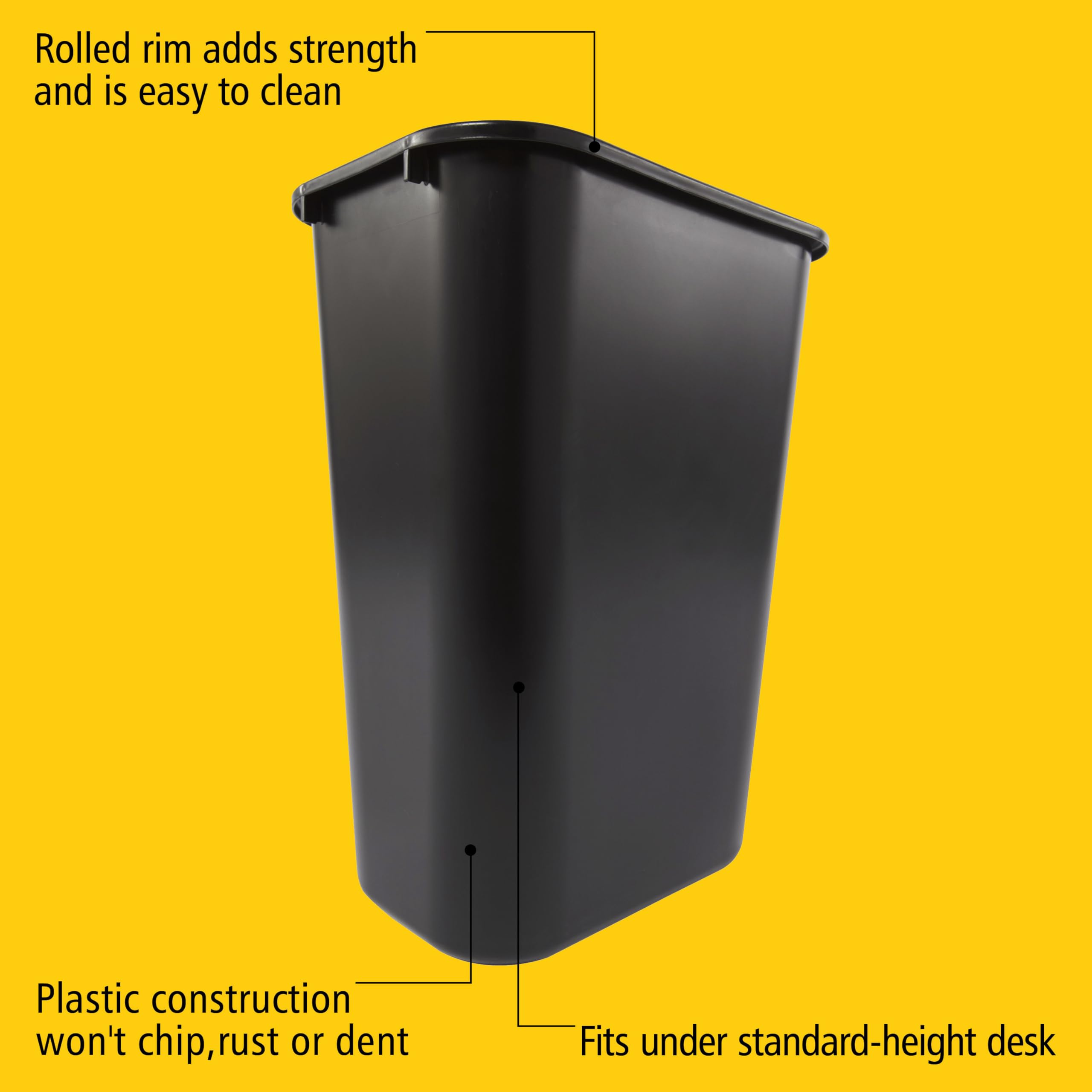 Rubbermaid Wastebasket Commercial Trash Container, 41QT/10.25 GAL, Plastic, Black, Stackable Trash Can for Bedroom/Bathroom/Office, Fits Under Desk/Sink/Cabinet