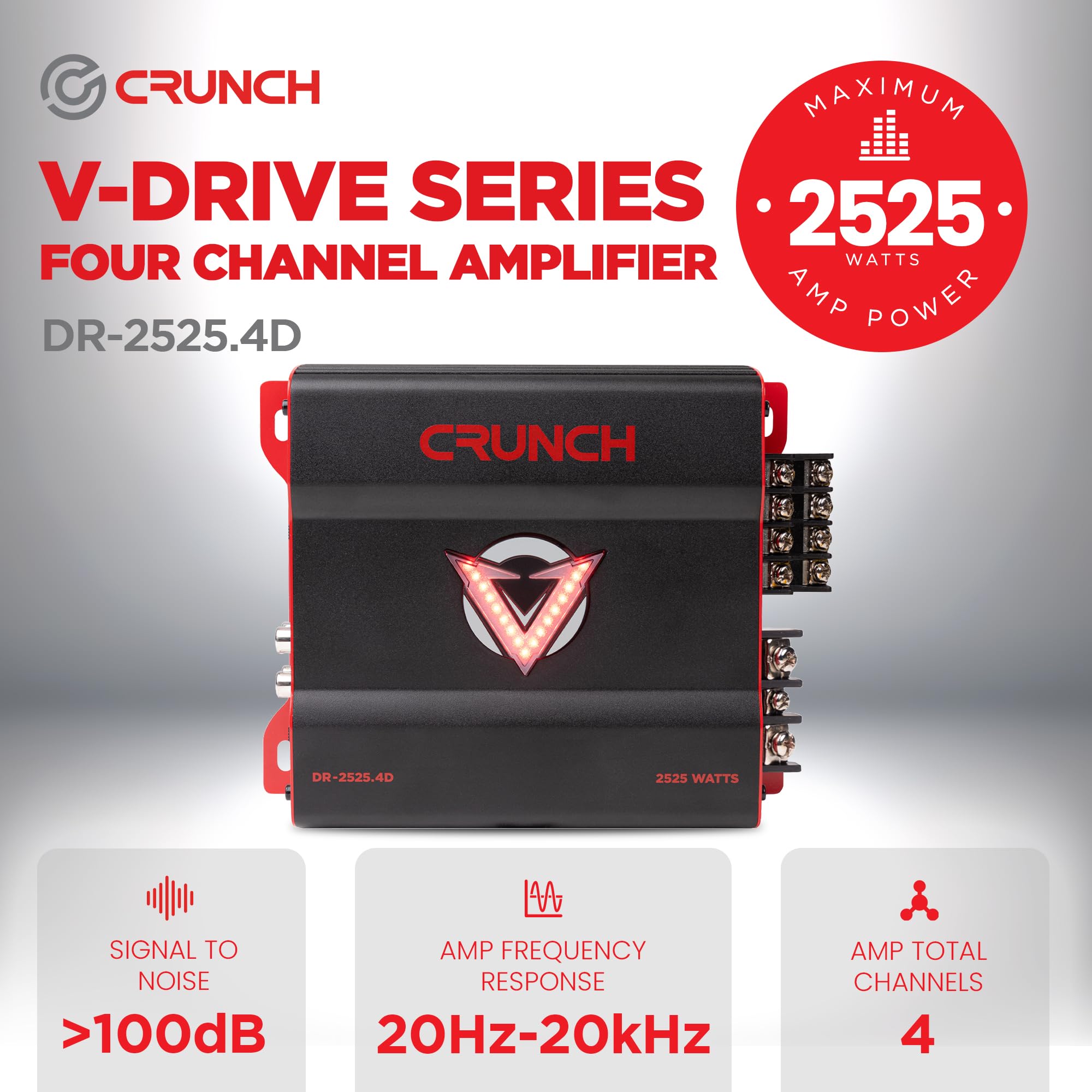 4 Channel Crunch 2525W Car Audio Subwoofer Amplifier with Adjustable Crossovers, Bass Knob & Remote, LED VU-Meter, QTD Cooling and PWM Power Supply