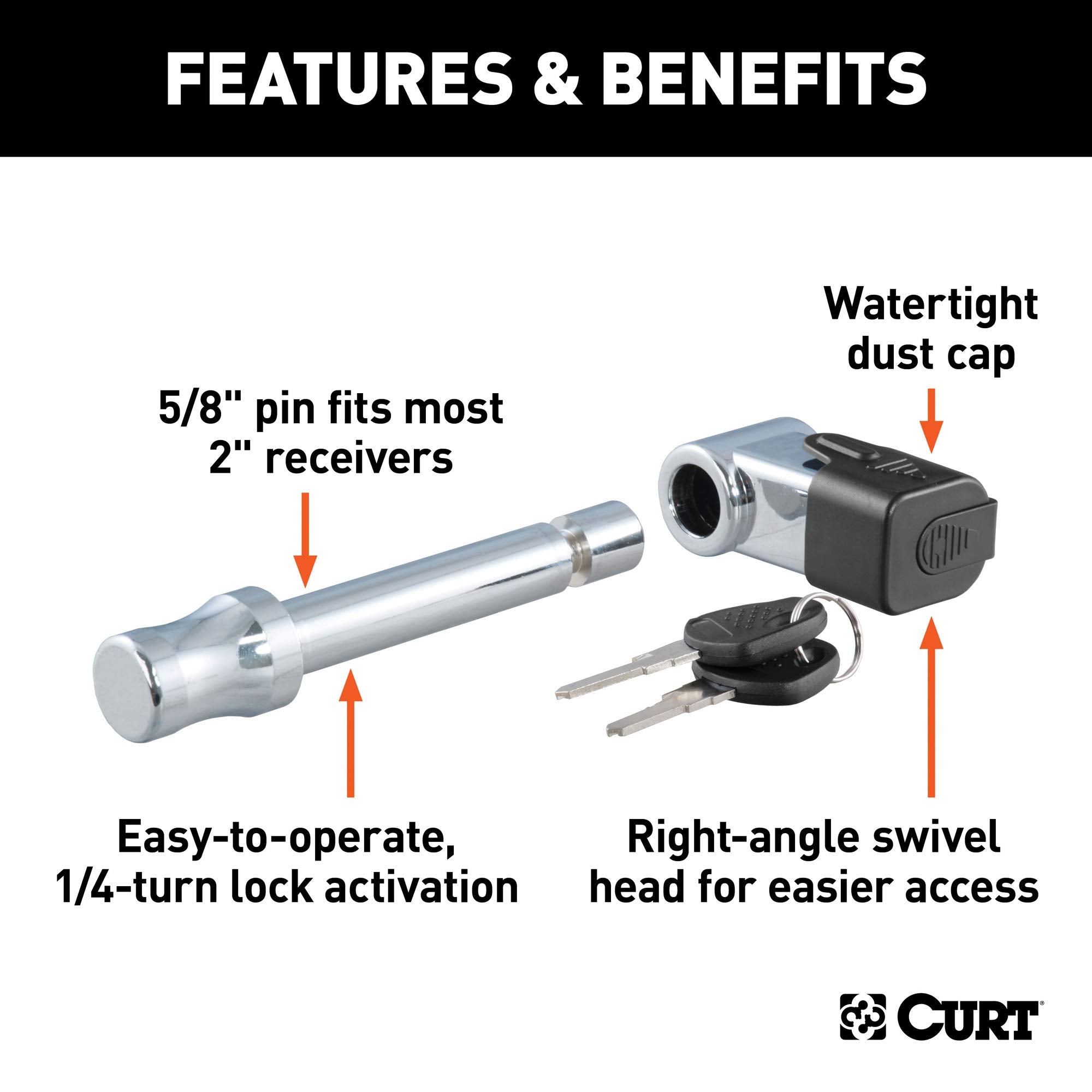 CURT Right-Angle Trailer Hitch Lock, 5/8-Inch Pin Diameter, Fits 2-Inch Receiver 23510
