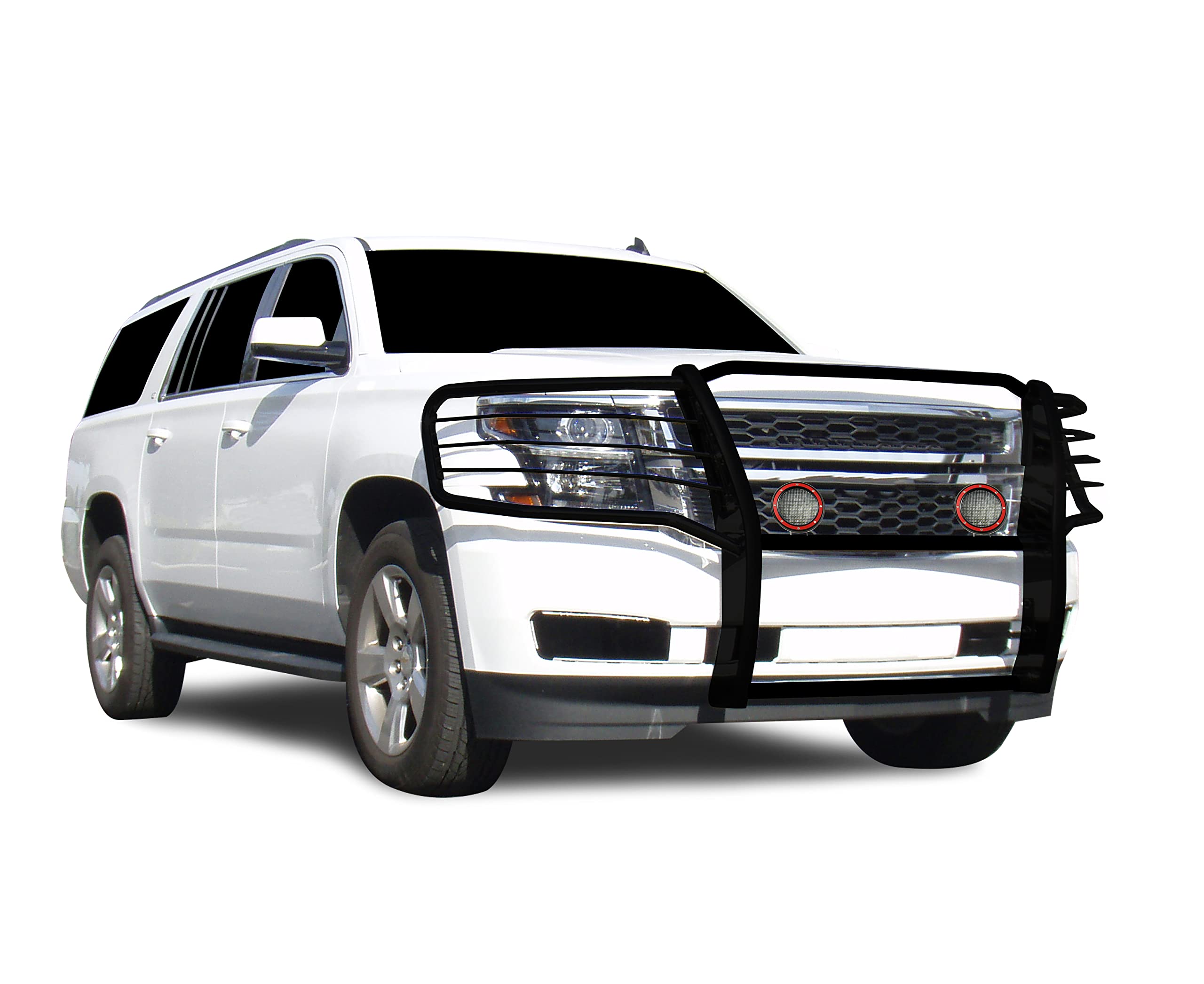 Black Horse Grille Brush Bumper Guard Black Modular Come with Pair of 5.3" Dia.LED Lights with Red Trim Rings Compatible with 2015-2023 Chevrolet Suburban |2015-2023 Chevrolet Tahoe-17GT20MA-PLFR