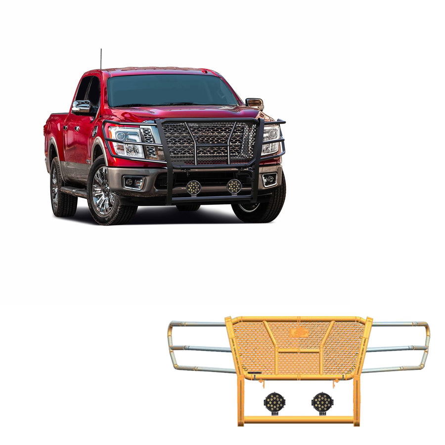 Heavy Duty Black Horse RUGGED Grille Brush Bumper Guard Modular Come With pair of 7.0"Dia.LED Lights with Black Trim Rings Compatible with 2017-2024 Nissan Titan-RU-NITI17-B-PLB