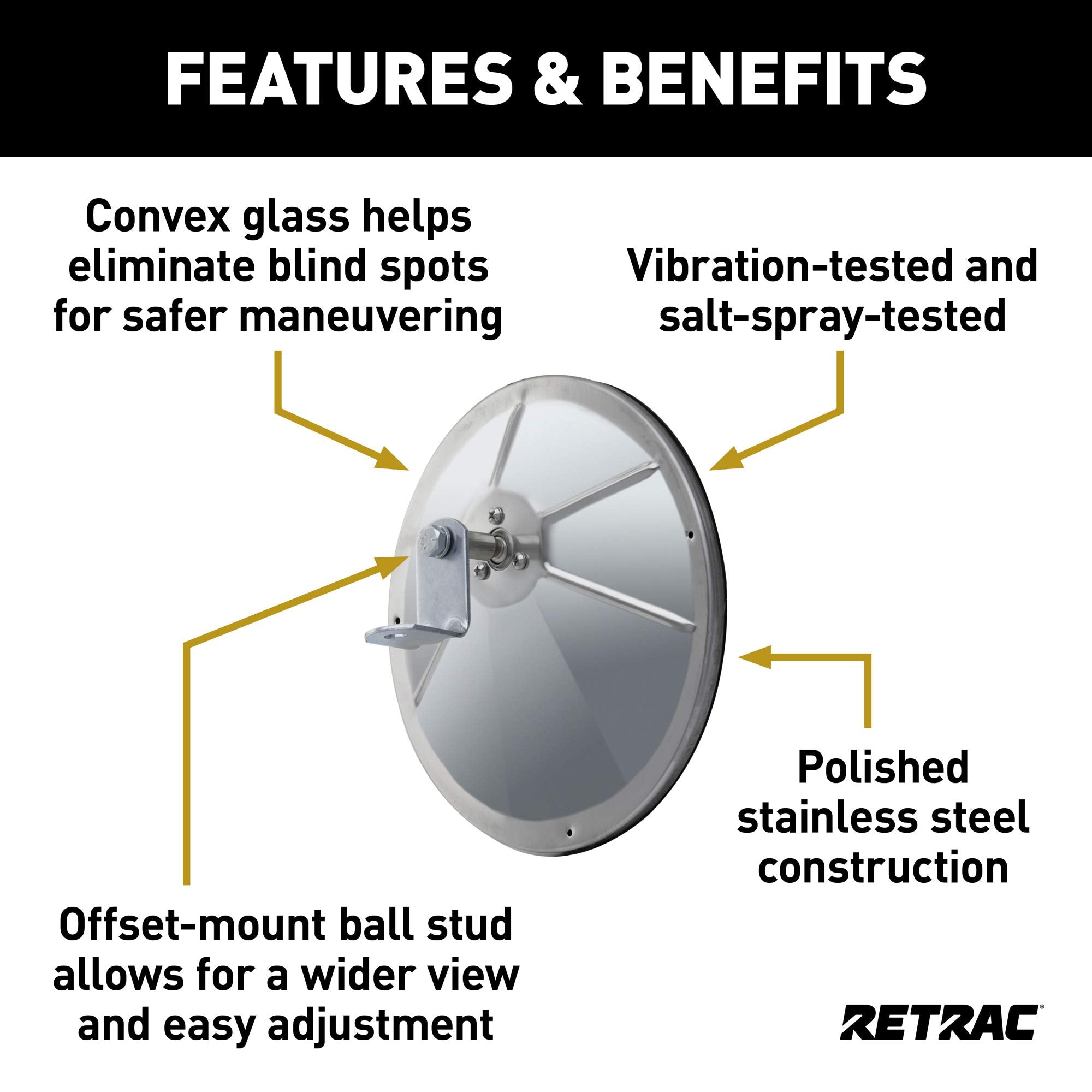 8-Inch Stainless Steel Retrac Offset-Mount Convex Mirror Head with J-Bracket, Universal Driver or Passenger Side