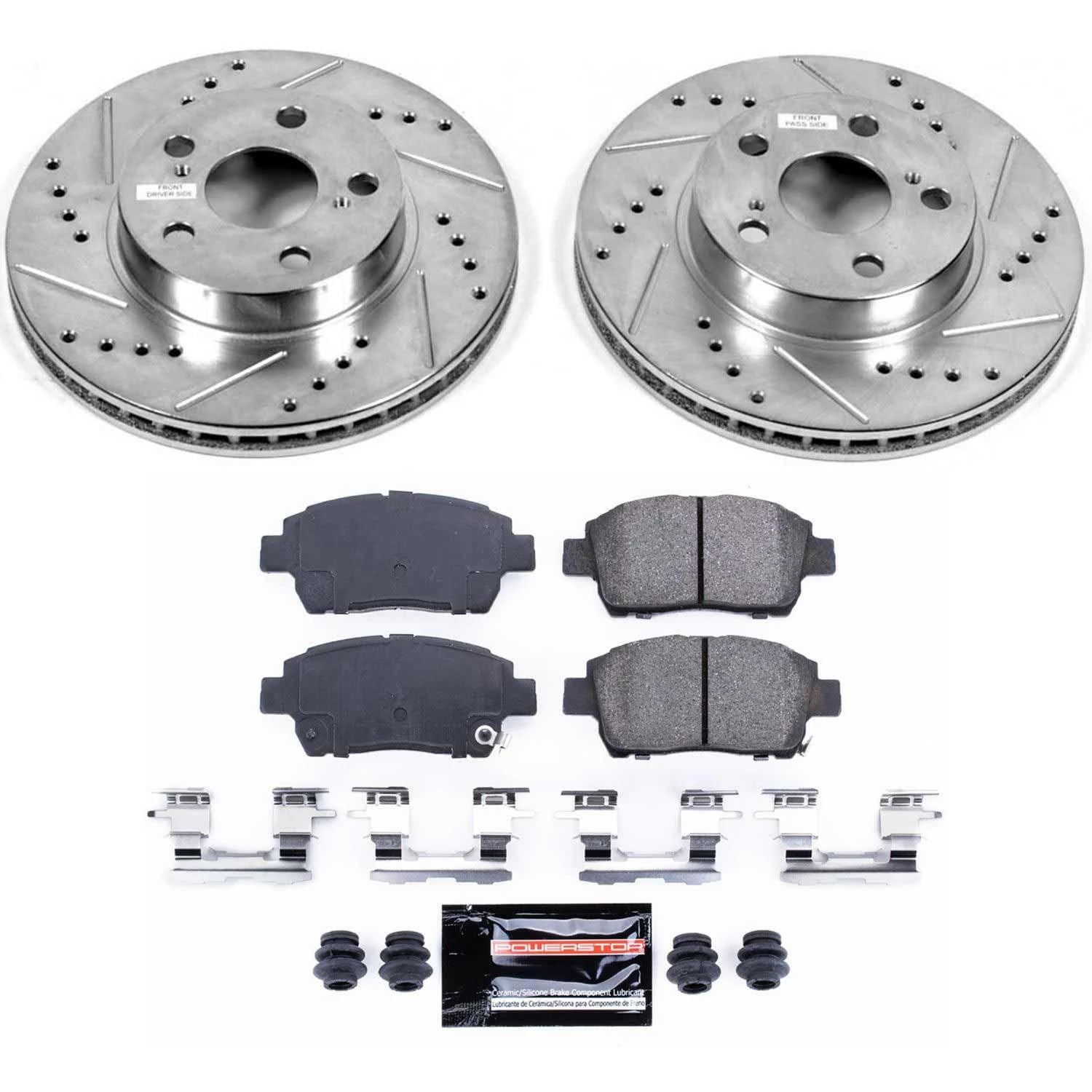 Power Stop K5219 Z23 Carbon Fiber Brake Pads Front with Drilled & Slotted Brake Rotors Kit For Toyota Prius 2004-2009 [Model Specific]