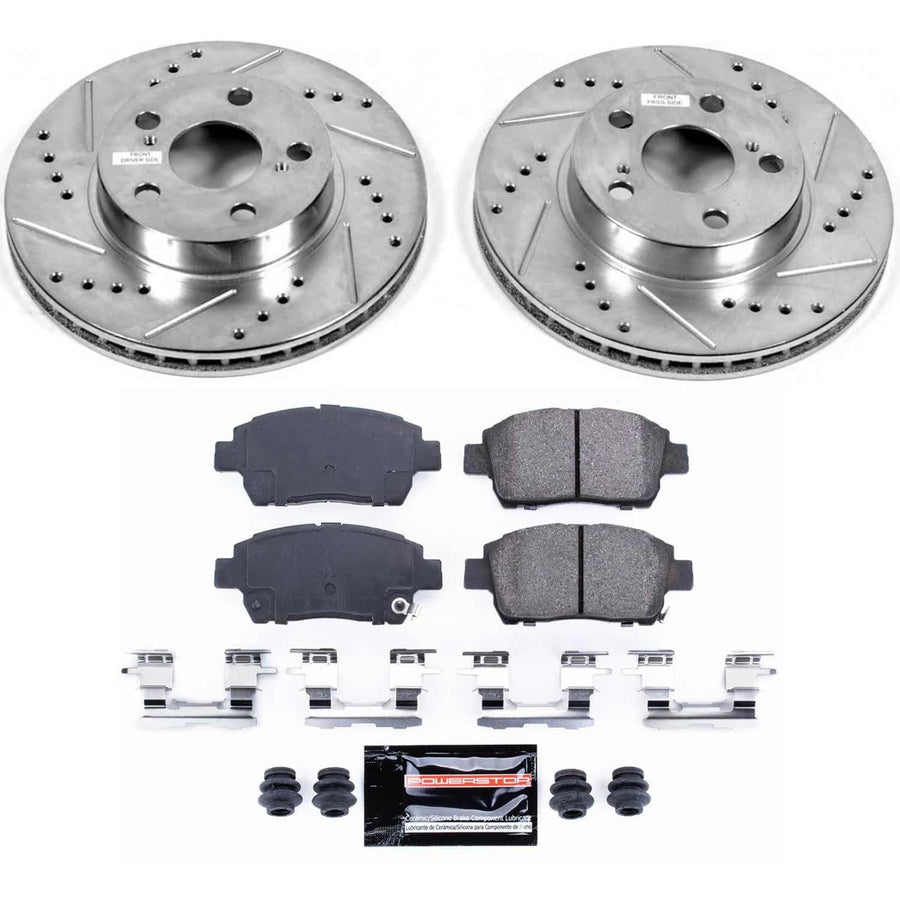 Power Stop K5219 Z23 Carbon Fiber Brake Pads Front with Drilled & Slotted Brake Rotors Kit For Toyota Prius 2004-2009 [Model Specific]