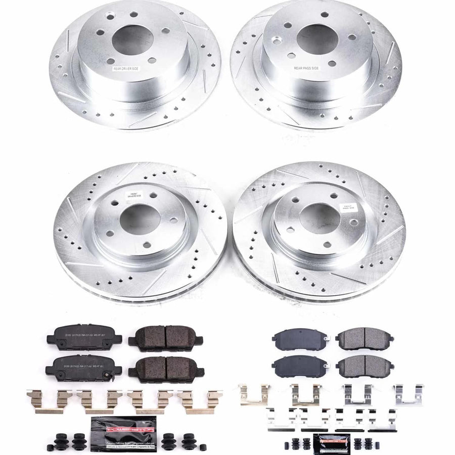 Power Stop K8360 Z23 Carbon Fiber Brake Pads Front and Rear with Drilled & Slotted Brake Rotors Kit For Nissan Sentra 2019 [Vehicle Specific]
