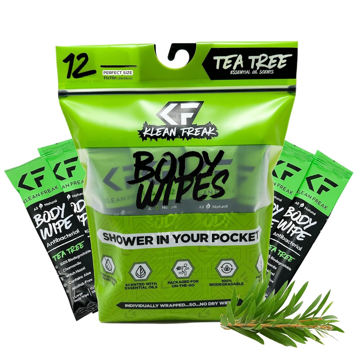 The Body Wipes Klean Freak - 12 count Individually Wrapped | Showerless Body Wipe for Women & Men | Sustainable Bodywipes for Gym, Travel, Camping | Tea-Tree
