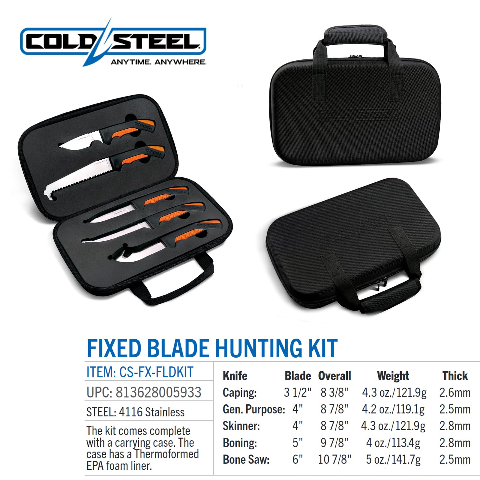 Cold Steel 5 Hunting Kit Fixed Blade Knives Versatile Durable - Sturdy 4116 SS Blades, Double-Textures Handles, Carrying Case Included
