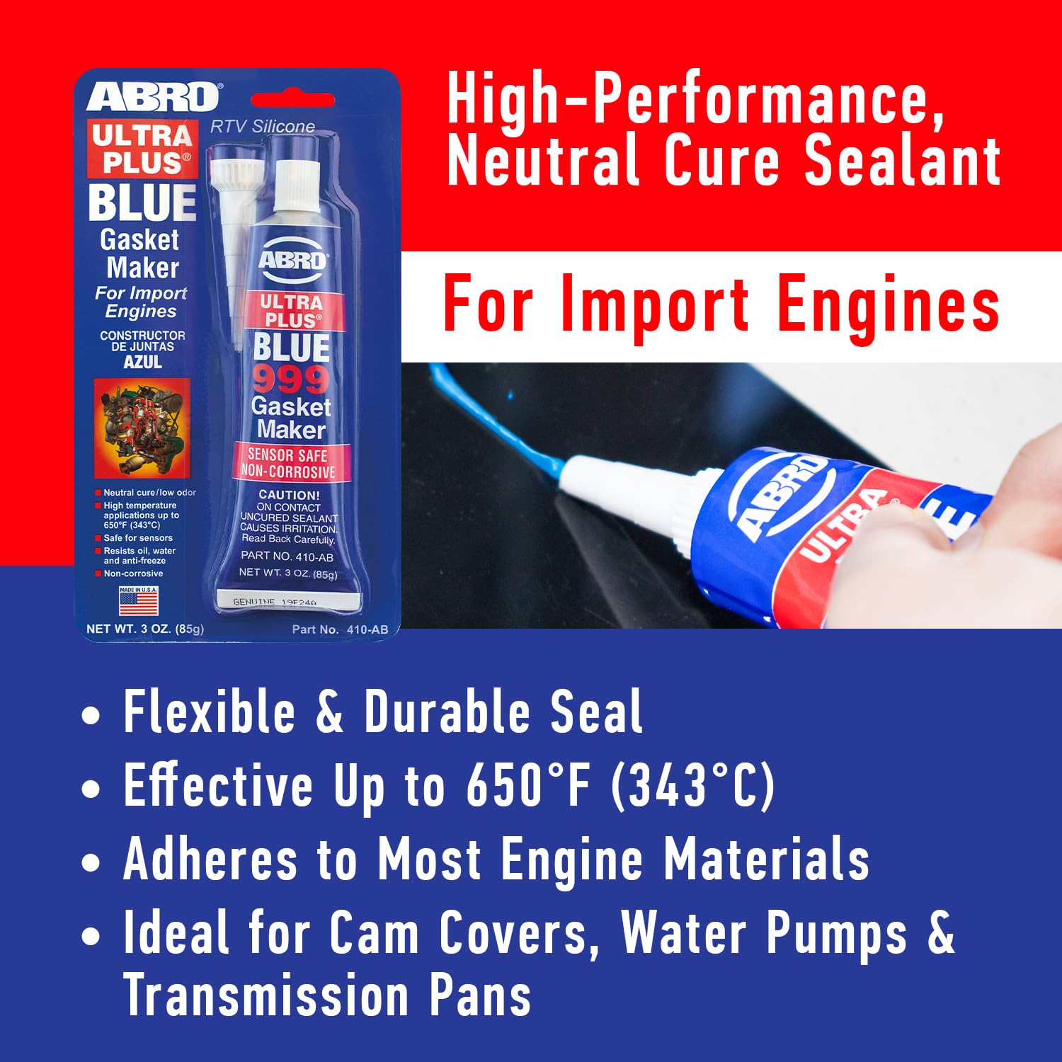 Ultra Plus ABRO 999 RTV Silicone Sealant and Gasket Maker, for Import Engines, Sensor Safe, Non-Corrosive, High Temp Head Gasket Sealer, 650 Degrees F, 3 oz. Tube - Blue
