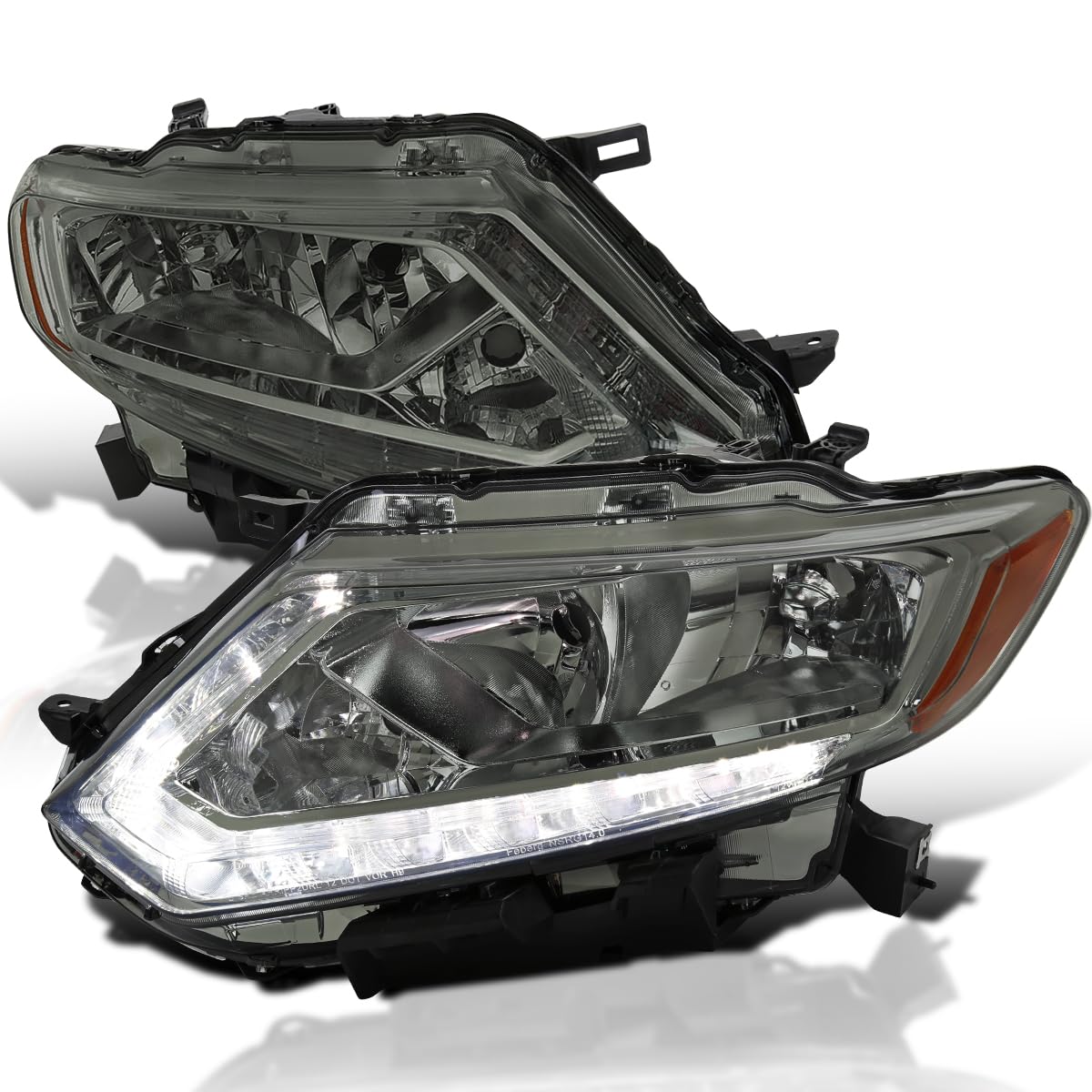 Smoke Headlights w/LED Strip SPEC-D TUNING Compatible with 2014-2016 Nissan Rogue, Left + Right Pair Headlamp Assembly