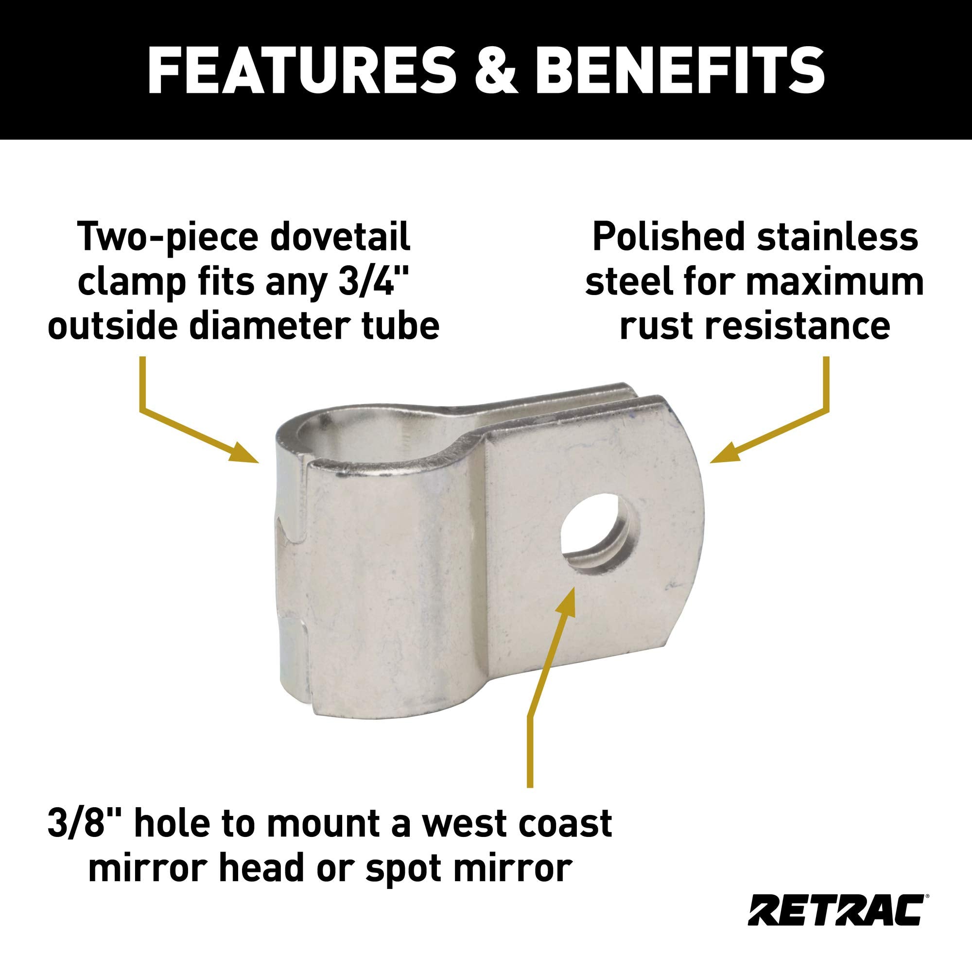 3/4-Inch Stainless Steel Dovetail Mirror Clamp Retrac 607961, 3/8-In Holes
