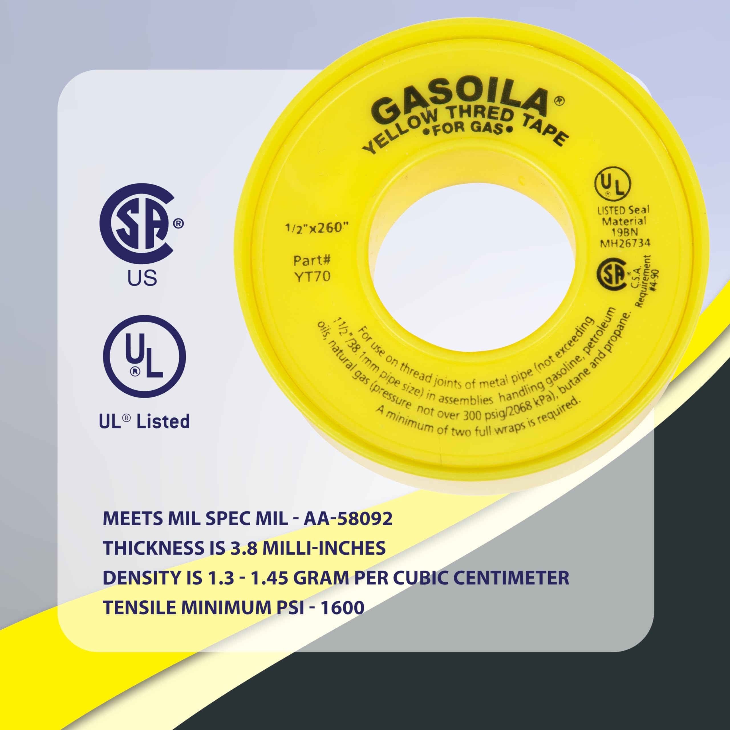 Gasoila PTFE Yellow Thread Seal Tape – Professional-Grade, 1/2 Inch x 260 Inch, High-Density Thread Tape for Gas Lines– Leak-Proof Seal, Non-Toxic