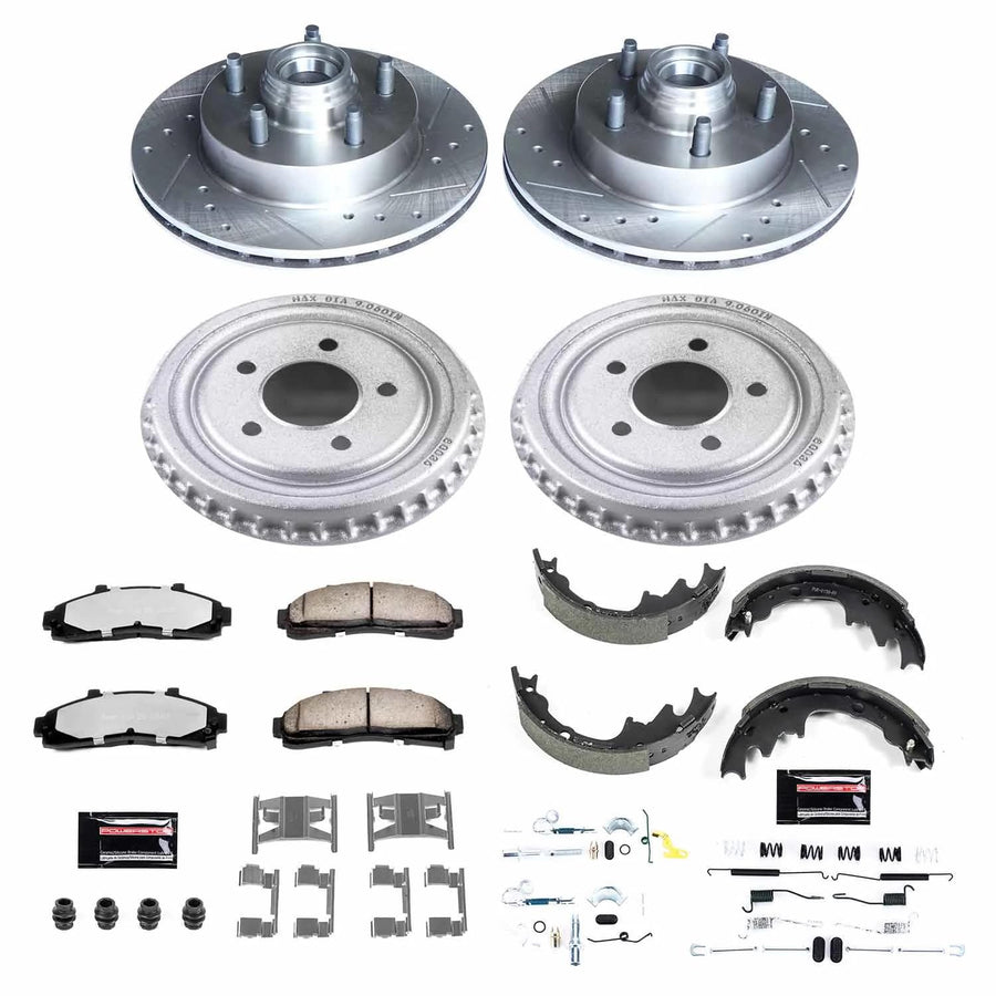 Power Stop Brake Kit Front and Rear For 1998 1999 2000 2001 2002 Ford Ranger - Truck & Tow Carbon Fiber Ceramic Pads, Drums, & Drilled and Slotted Rotors Replacement, K15152DK-36