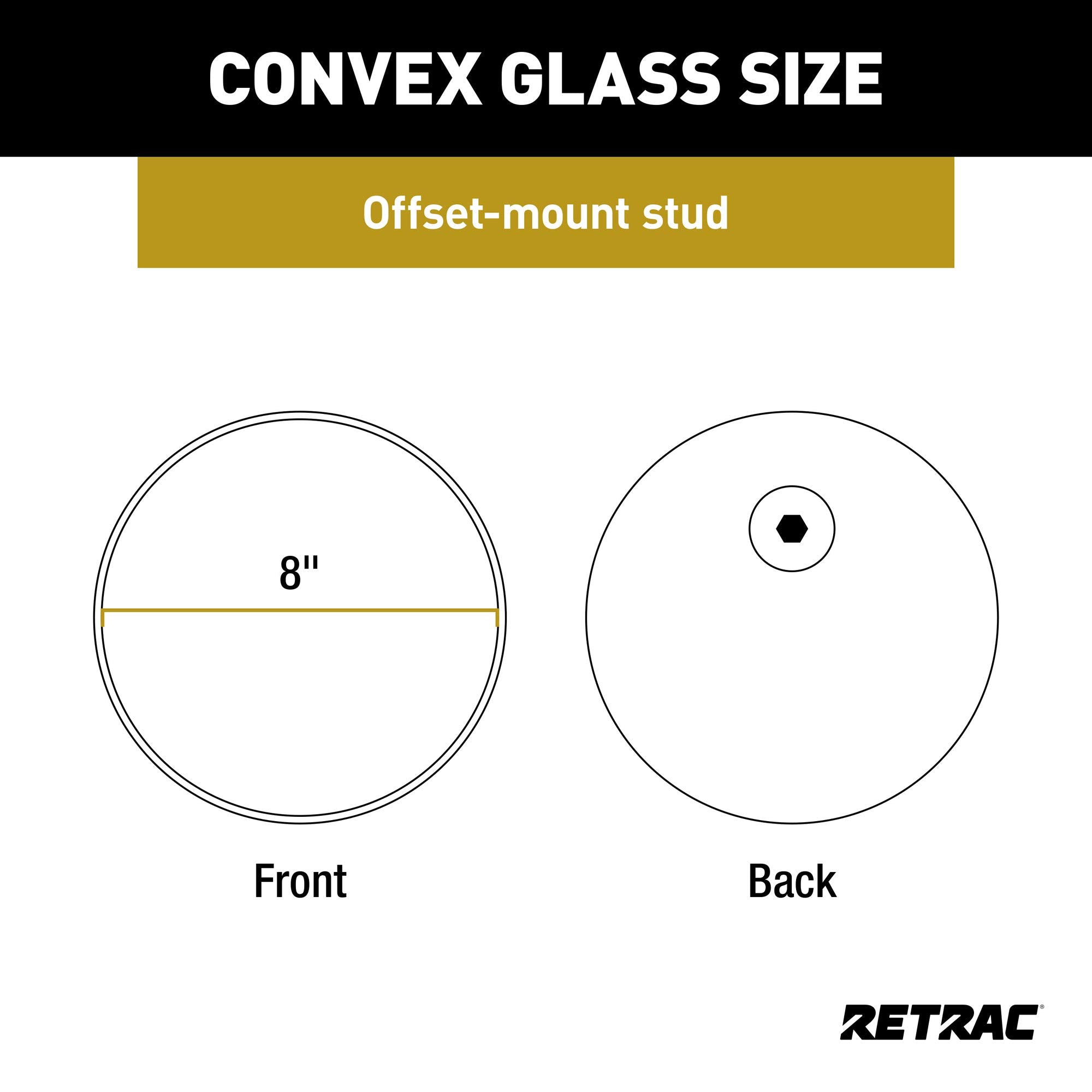 8-Inch Stainless Steel RETRAC Offset-Mount Convex Mirror Head, Universal Driver or Passenger Side