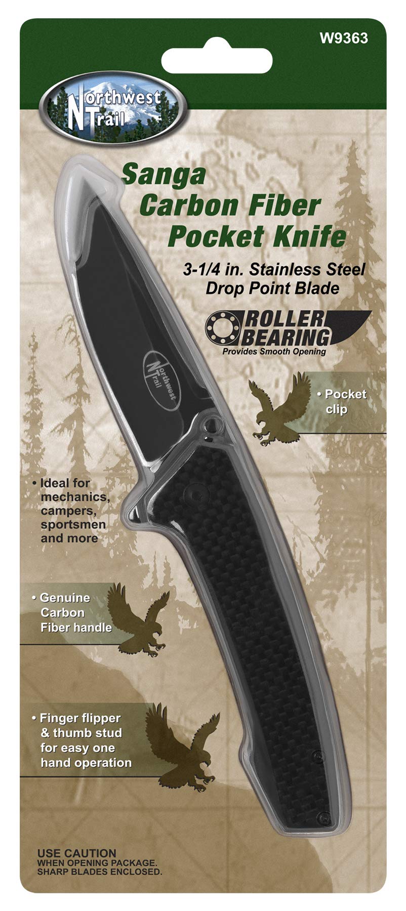 W9363 Performance Tool Carbon Fiber Folding Knife with Stonewashed Drop Point Blade and Roller Bearing Pivot Point