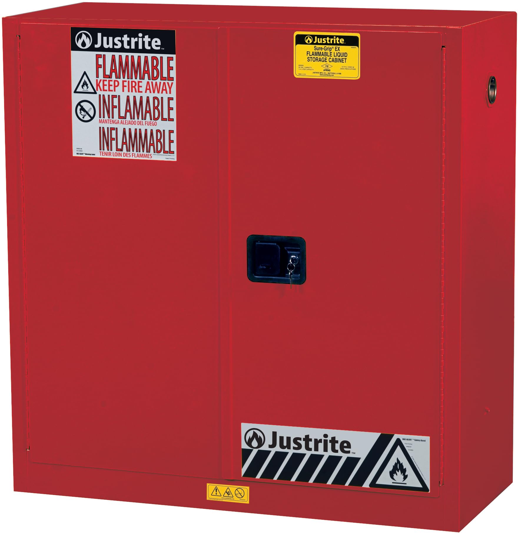 Justrite 30 Gallon Flammable Storage Cabinet Manual Close, 18 Gauge Steel, 1 Shelf, 2 Door Fire Cabinet, 44" x 43" x 18", Made in The USA, Red, 893001