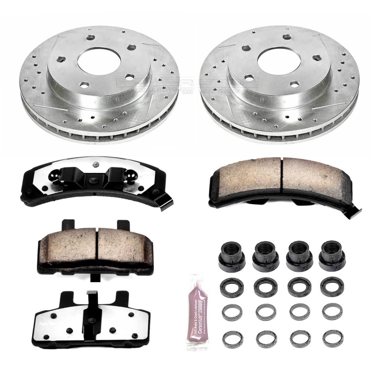 Front Brake Kit Power Stop For 1994 1995 1996 1997 1998 1999 Dodge Ram 1500 - Truck & Tow Carbon Fiber Ceramic Brake Pads & Drilled and Slotted Rotors Replacement, K2126-36