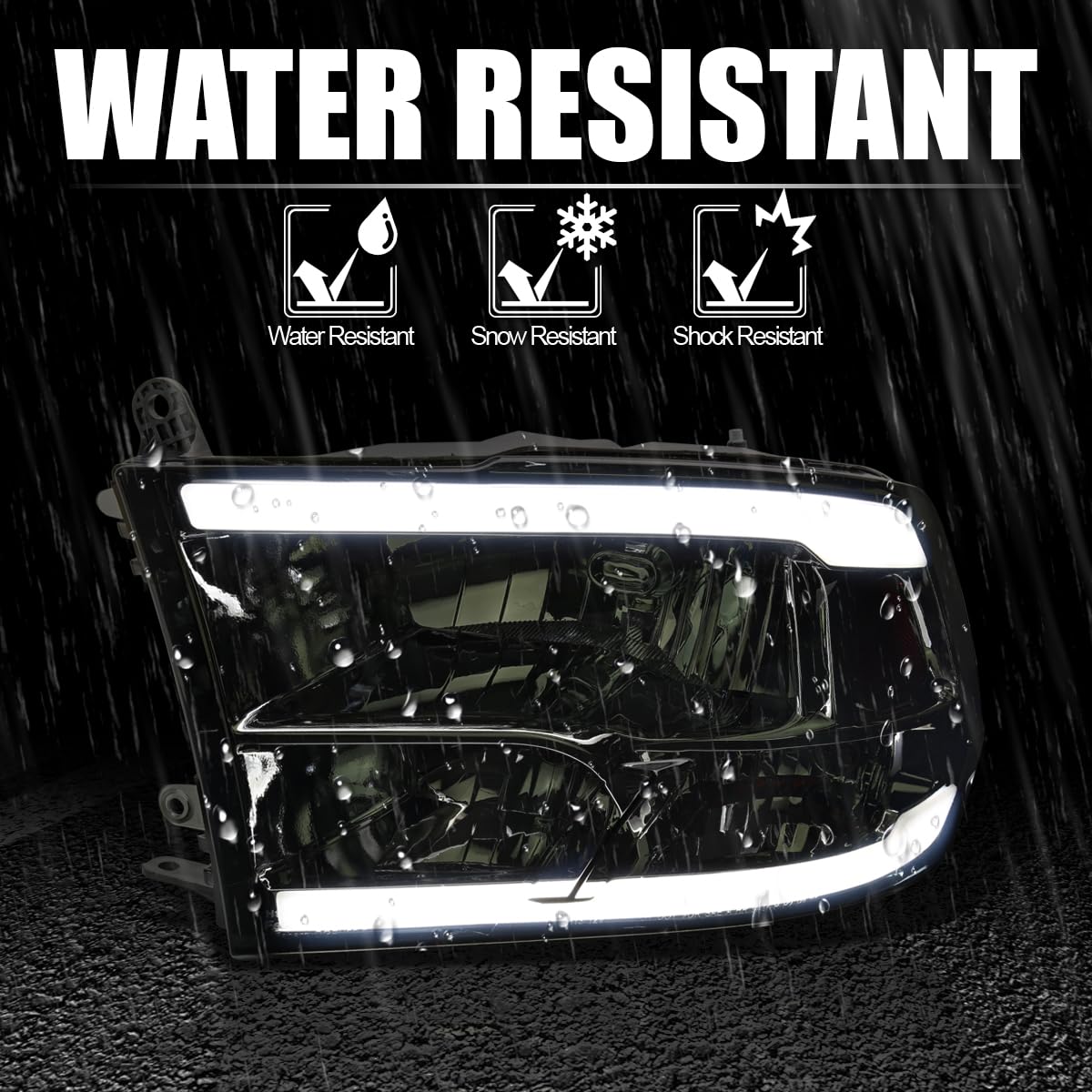 Smoke LED Strip Quad Style Headlights SPEC-D TUNING Compatible with 2009-2018 Dodge Ram 1500 2500 3500, Left + Right Pair Headlamps Assembly