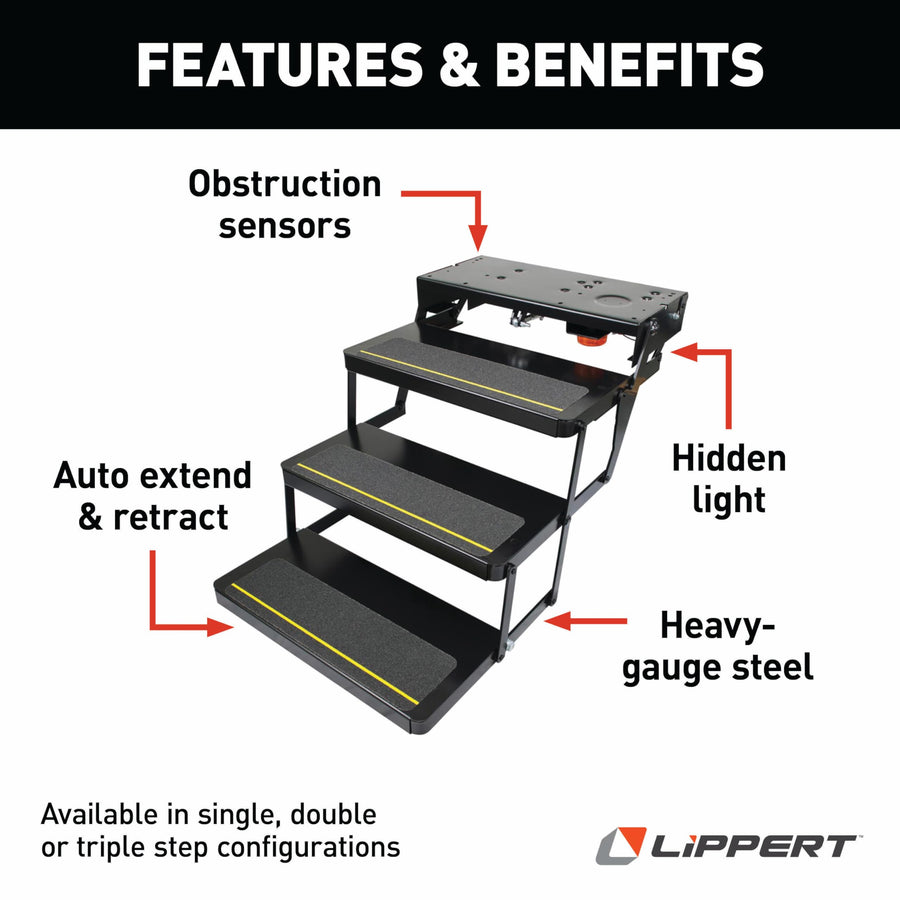 25 Series Kwikee Triple 12V Electric RV Step Assembly, 8" Rise, 300 lbs. Heavy-Gauge Steel, Logic Control Unit, Power Switch Kit, Anti-Slip Steps, Travel Trailers, 5th Wheels, Campers - 3658373