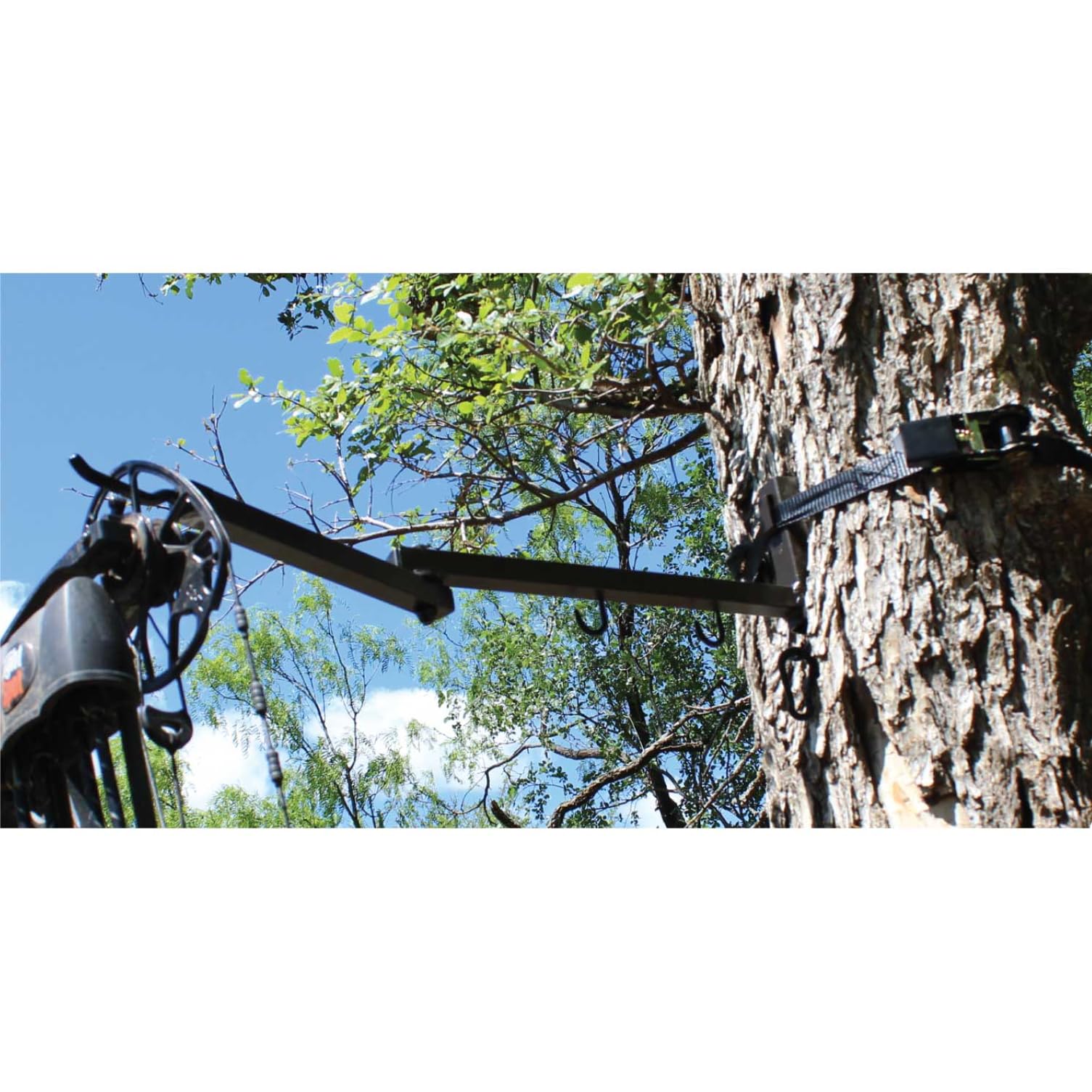HME Easy-to-Attach Durable Better Tree Stand Bow Hanger Strap-On w/Two Accessory Hooks & Heavy-Duty Ratchet Strap - Extends to 25", 2.10 x 7.00 x 16.00