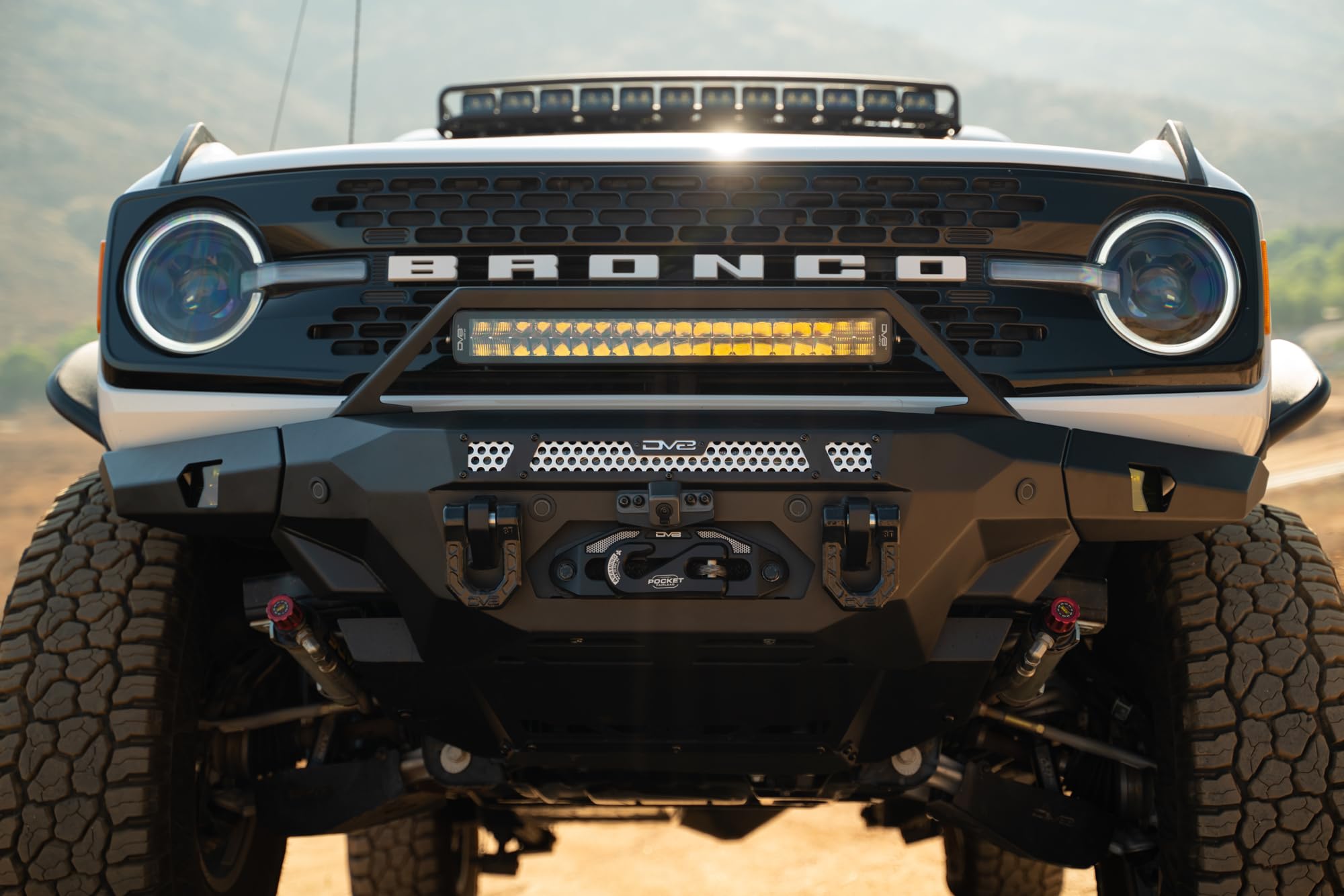 MTO V2 DV8 Front Bumper for 2021-2025 Ford Bronco | Hidden Heavy-Duty Winch Mount | Included Steel Bull Bar | Light Bar & Pod Light Mounts | Two D-Ring Mounts | Micro-Texture Black Powder Coat | Steel