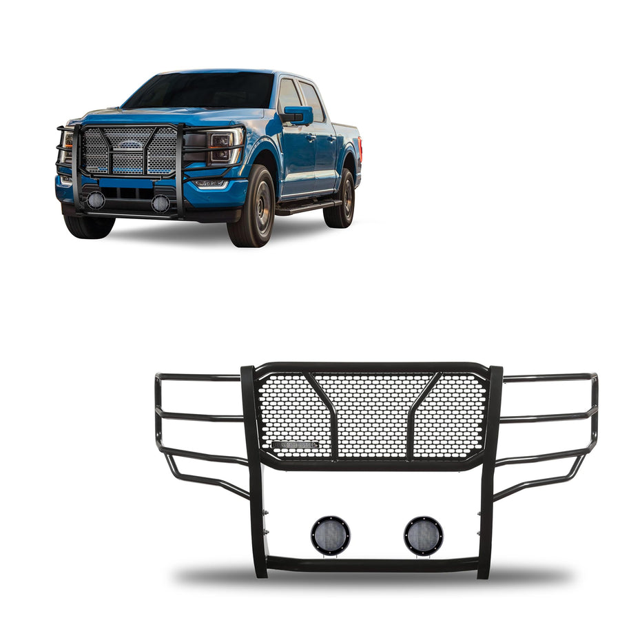 Heavy Duty Black Horse Rugged Grille Brush Bumper Guard Modular Black Come with Pair of 5.3" Dia.LED Lights with Black Trim Rings Compatible with 2021-2024 Ford F-150-RU-FOF116-B-PLFB