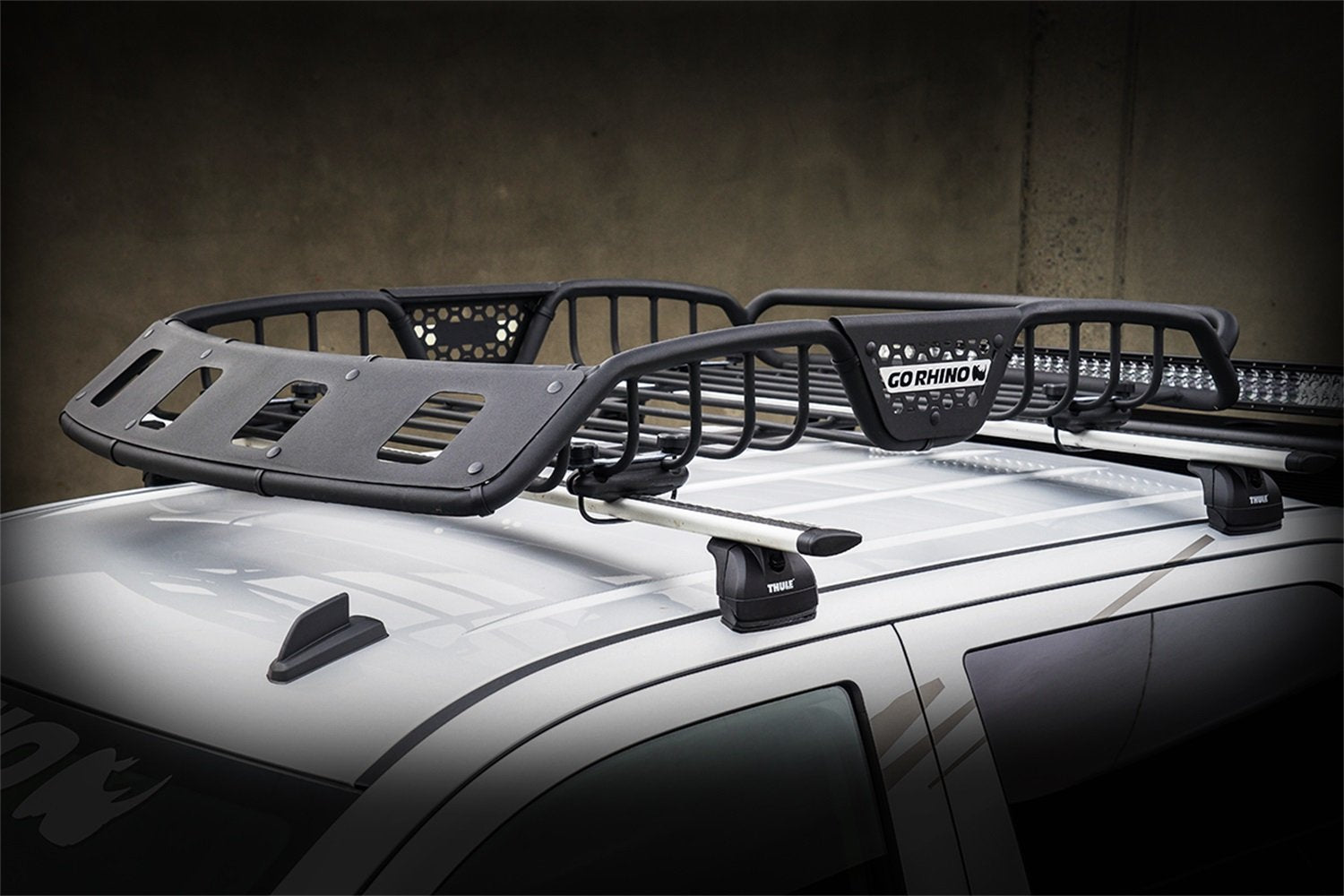 SR40 Roof Rack Go Rhino - Tubular Rack w/ 4x Light Mount Openings & Cross Bar Clamps | Mild Steel, Textured Black, L: 60" x W: 40" x H: 6" | 59047T
