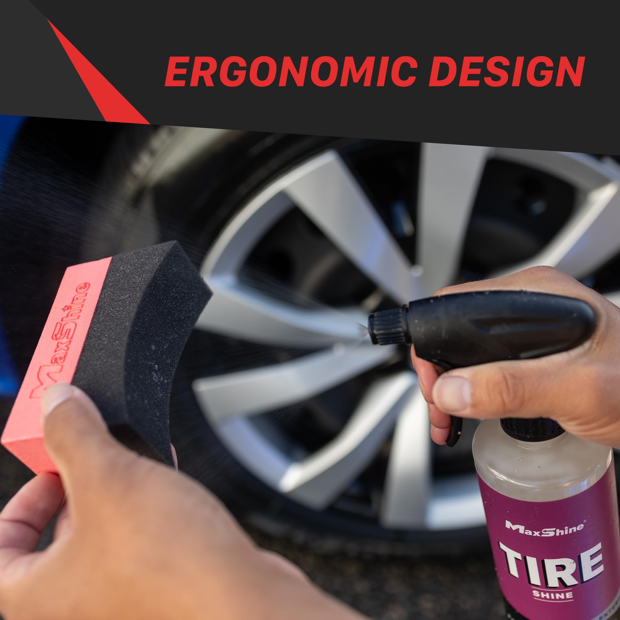 Maxshine Tire Dressing Applicator, Foam Pad Curved 10x4cm, Red & Black | Ergonomic Grip, High-Density Non-Abrasive | Even Tire, Trim & Wax Application