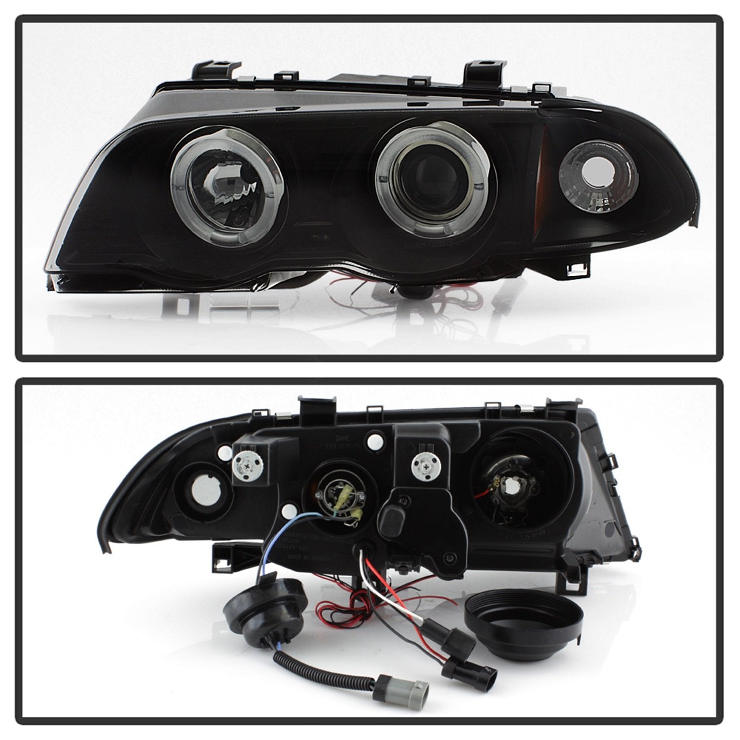 BMW E46 3-Series 99-01 Spyder 4DR Projector Headlights 1PC - LED Halo - Amber Reflector - Black Smoke - High H1 (Included) - Low H1 (Included)