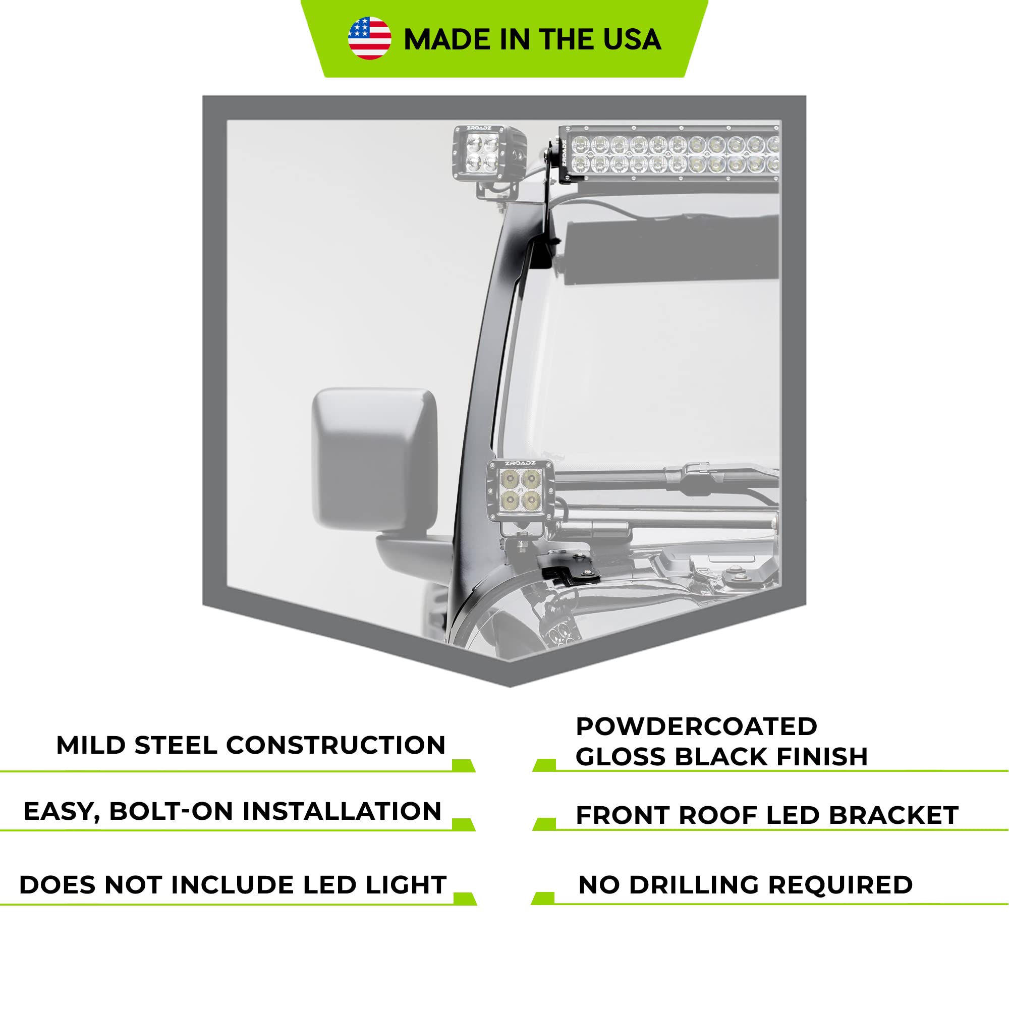 ZROADZ T-REX Z374831-BK2 Front Roof LED Bracket 2019-2022 Jeep Gladiator Black