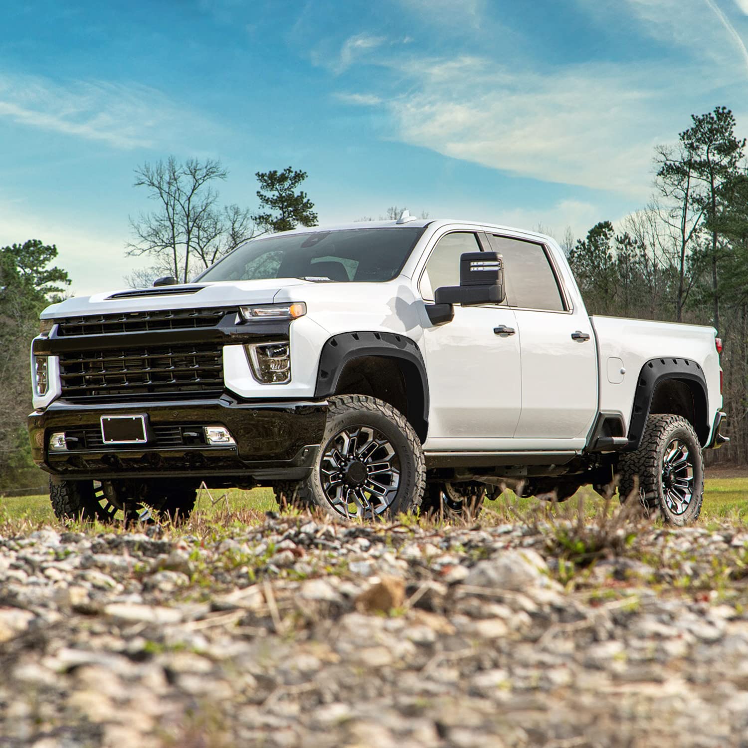 4PC Spec-D Tuning Front + Rear Smooth Black Rivet Bolt-On Pocket Style Fender Flares Compatible with 2020-2024 Chevy Silverado 2500HD 3500HD