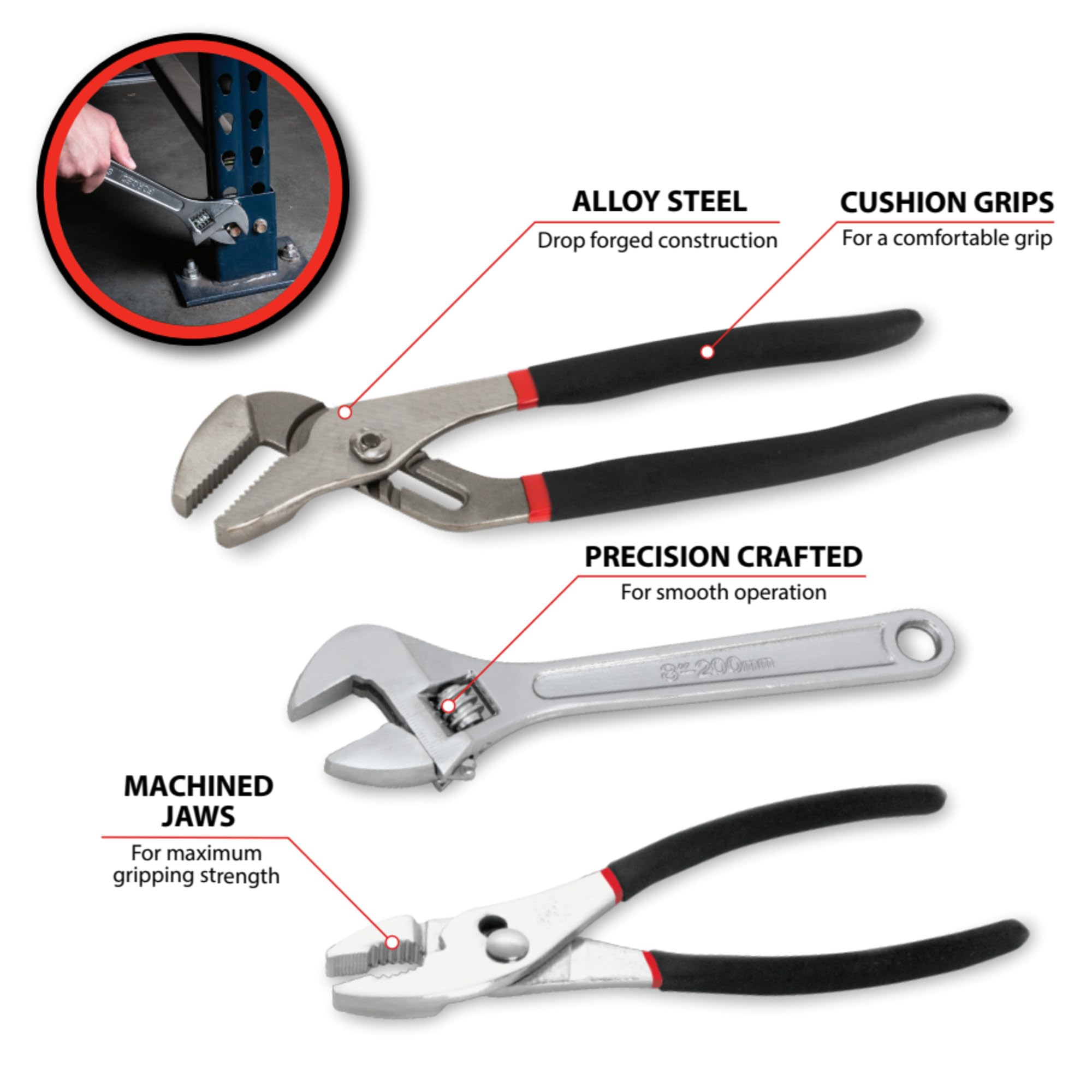W1781 Performance Tool 3 Pc. Hand Tool Set - Includes Slip Joint Pliers, Adjustable Wrench, Groove Joint Pliers, Cushioned Handles, Drop-Forged Alloy Steel, Black/Red