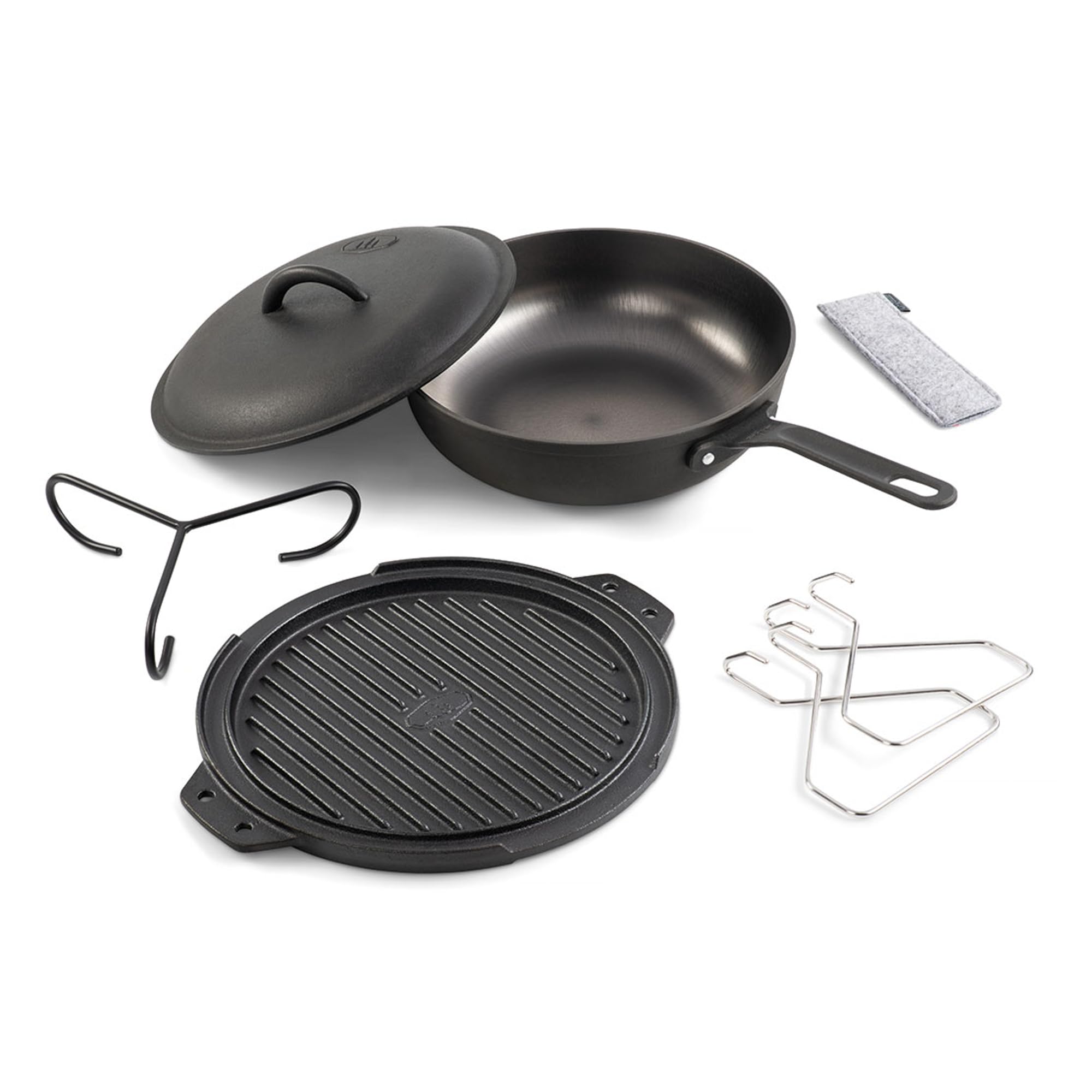 GSI Outdoors Outdoor Cookset Guidecast: 10" Deep Frypan with Dome Lid, Dual-Sided Cast Iron Griddle/Grill, Removable Handles