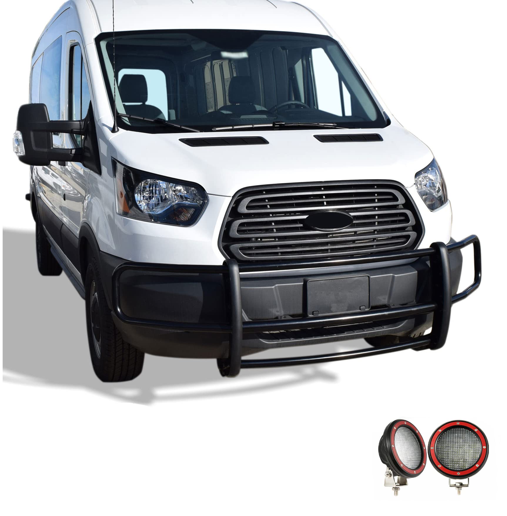 Spartan Black Horse Grille Brush Bumper Guard Modular Come with Pair of 5.3" LED Lights Compatible with 2015-2019 Transit-150|2015-2019 Transit-250|2015-2019 Transit-350-17FOTRMA-PLFR
