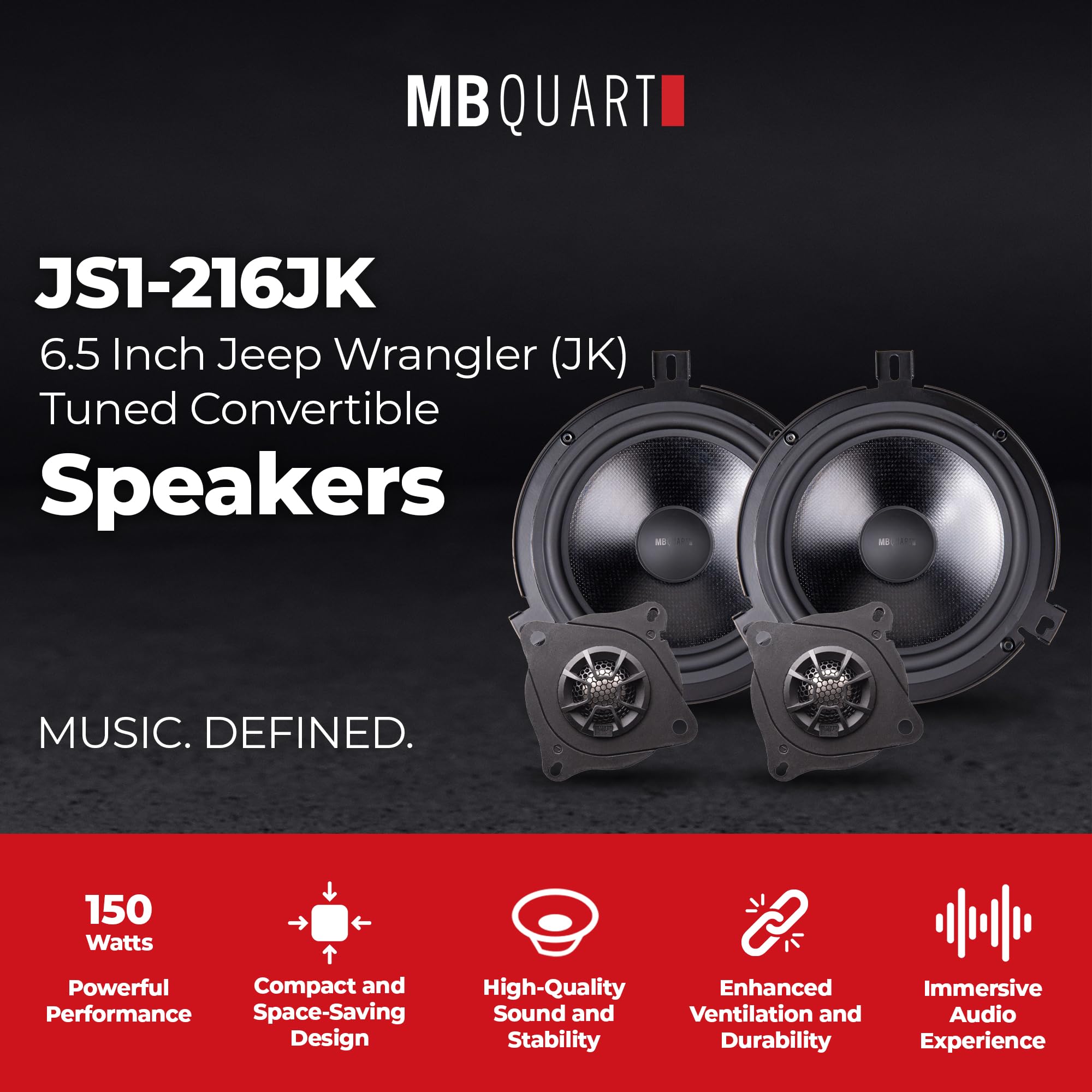 Tuned Audio Package MB Quart 6.5" Convertible Speakers for Jeep Wrangler (07-18), Front and Rear Speaker Upgrades with Titanium Dome Tweeters