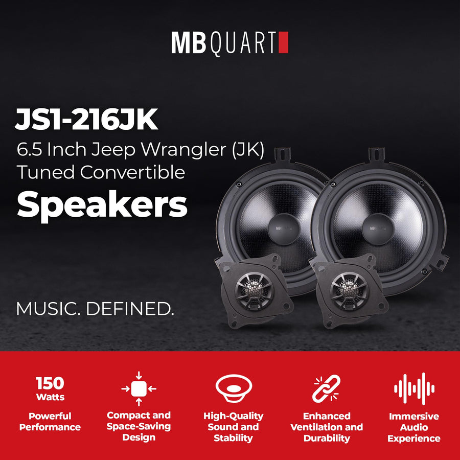 Tuned Audio Package MB Quart 6.5" Convertible Speakers for Jeep Wrangler (07-18), Front and Rear Speaker Upgrades with Titanium Dome Tweeters